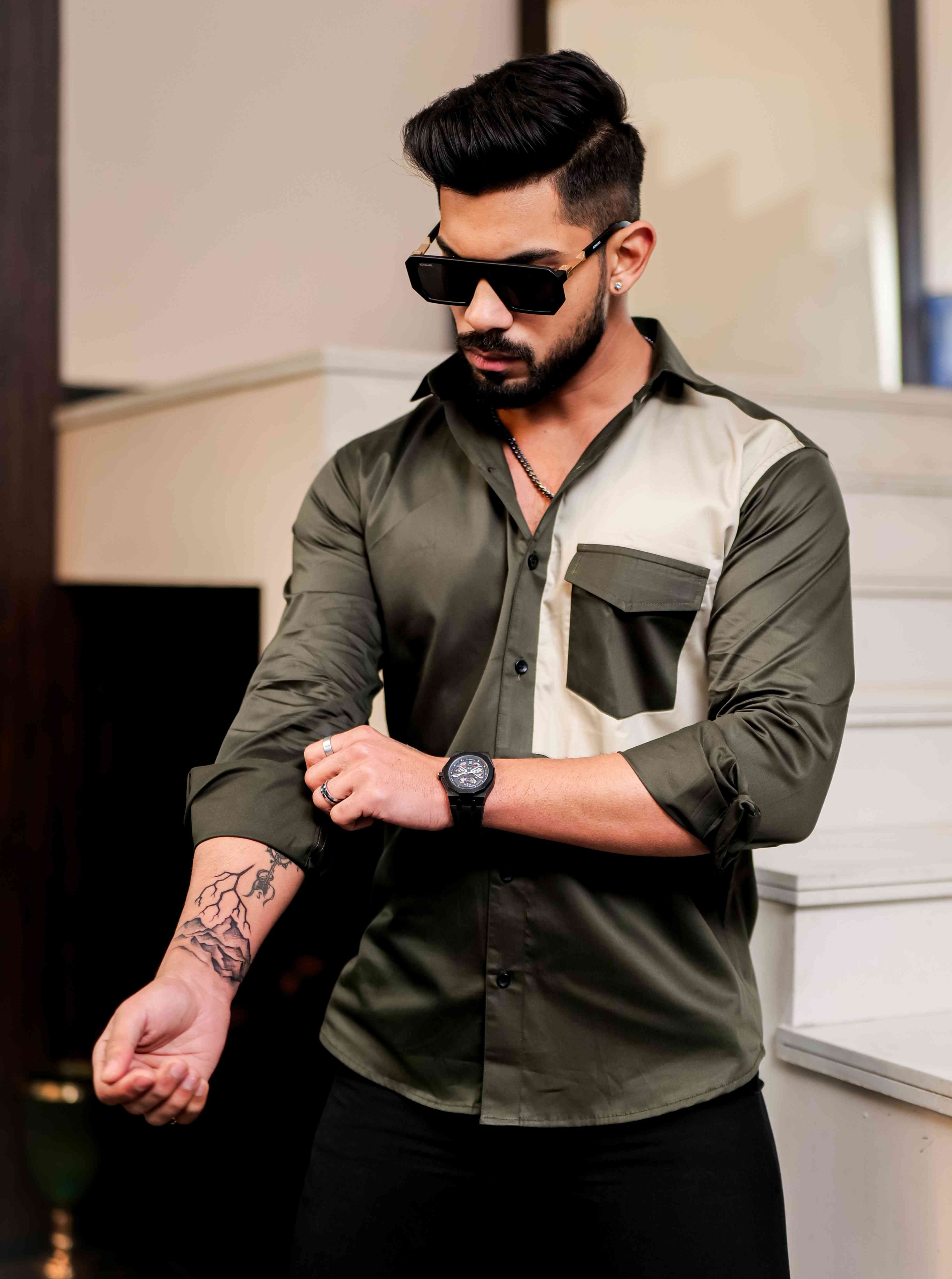 Green Cut N Sew Designer Satin Cotton Shirt