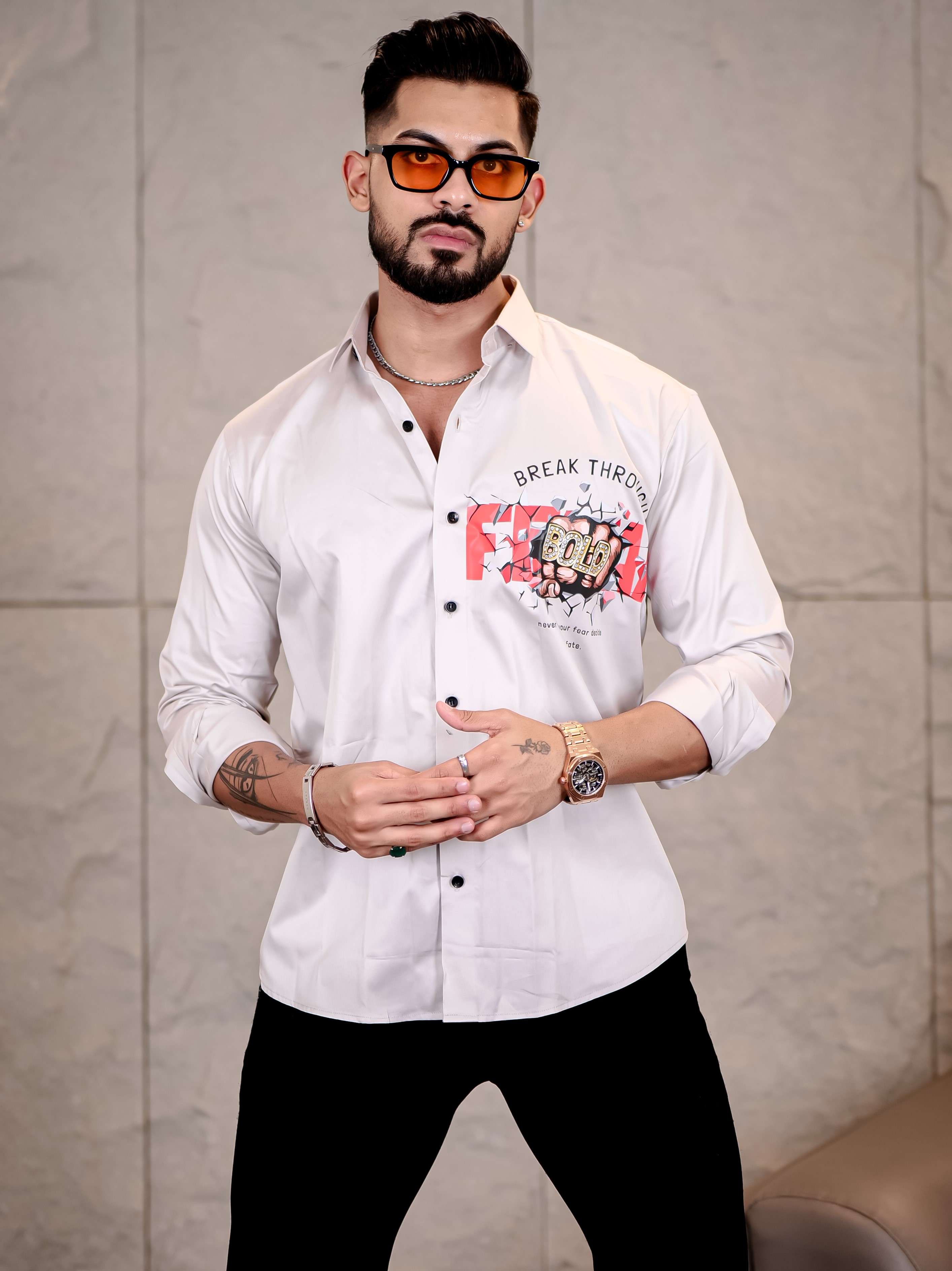 Grey Club Wear Boss Printed Satin Cotton Shirt