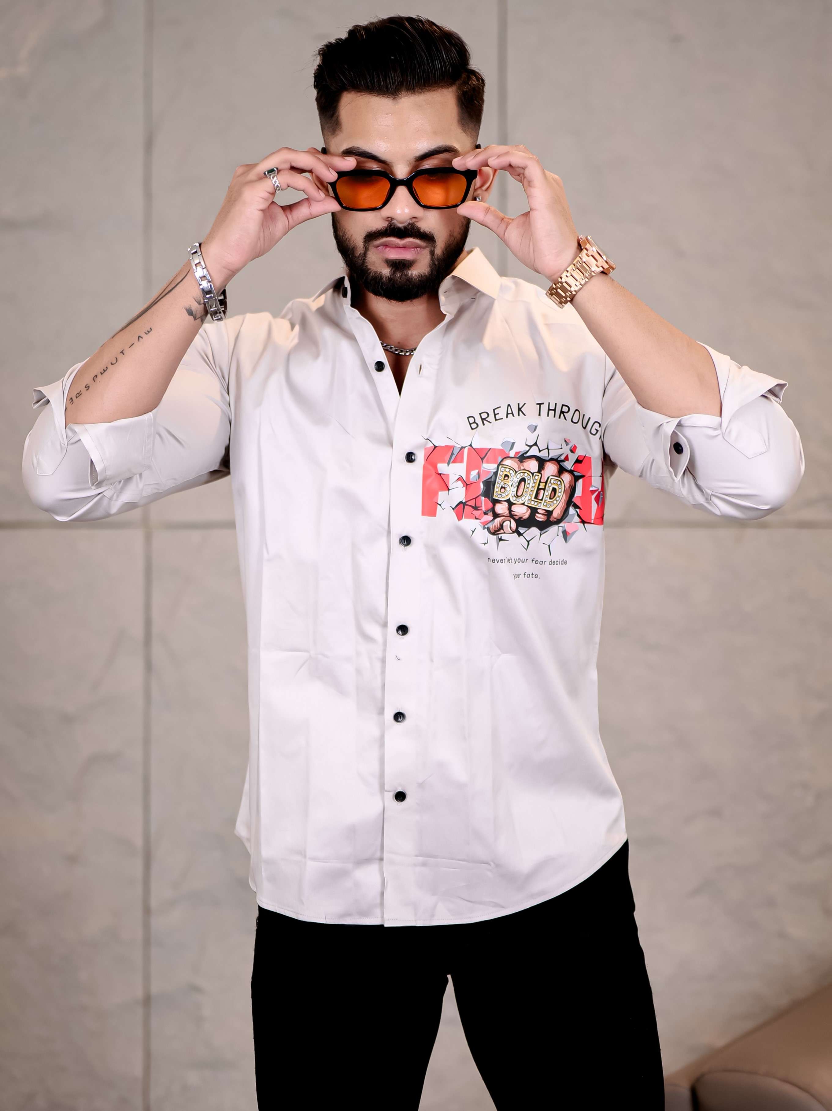 Grey Club Wear Boss Printed Satin Cotton Shirt