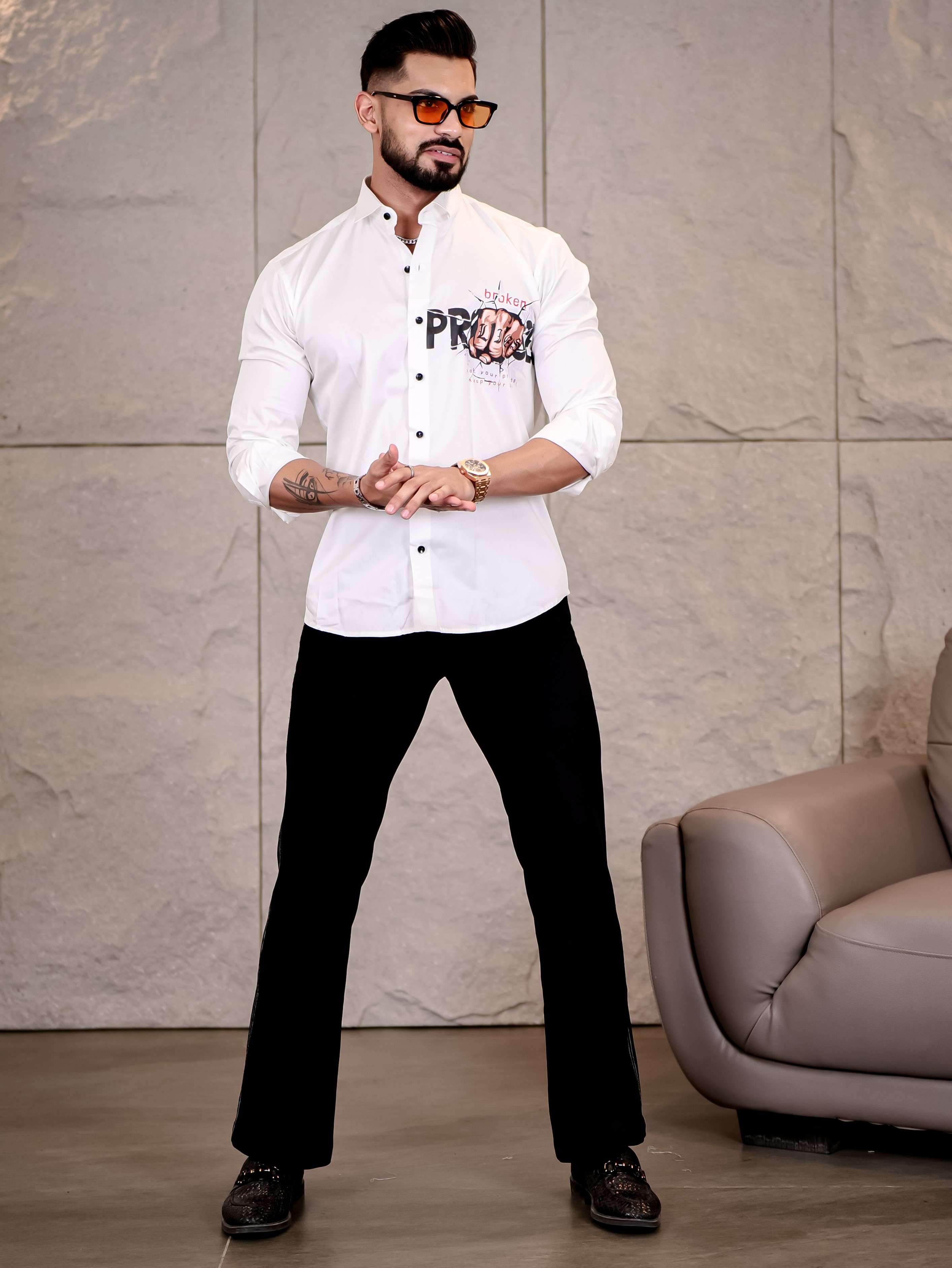White Club Wear Lie Broken Printed Satin Cotton Shirt