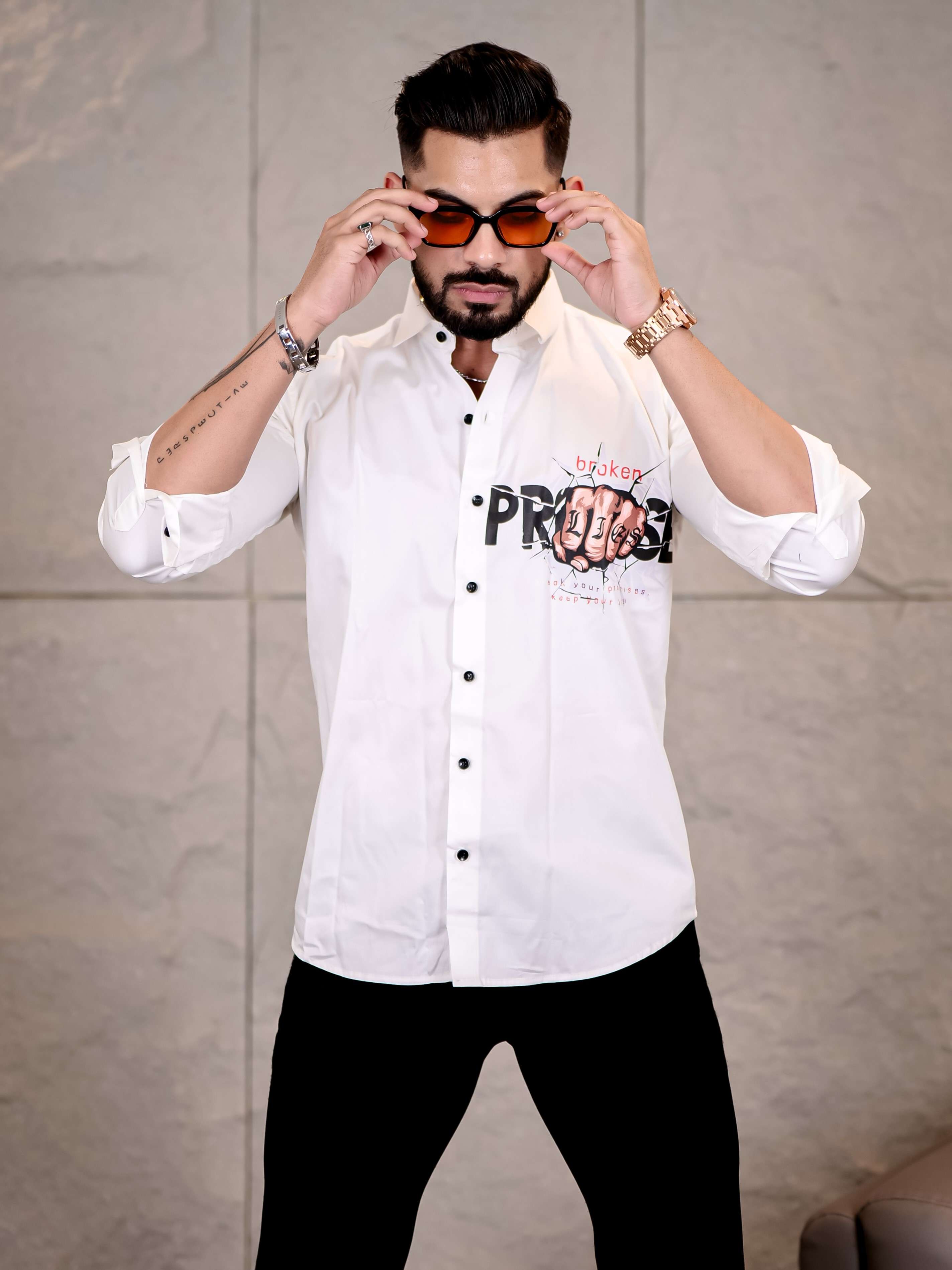 White Club Wear Lie Broken Printed Satin Cotton Shirt