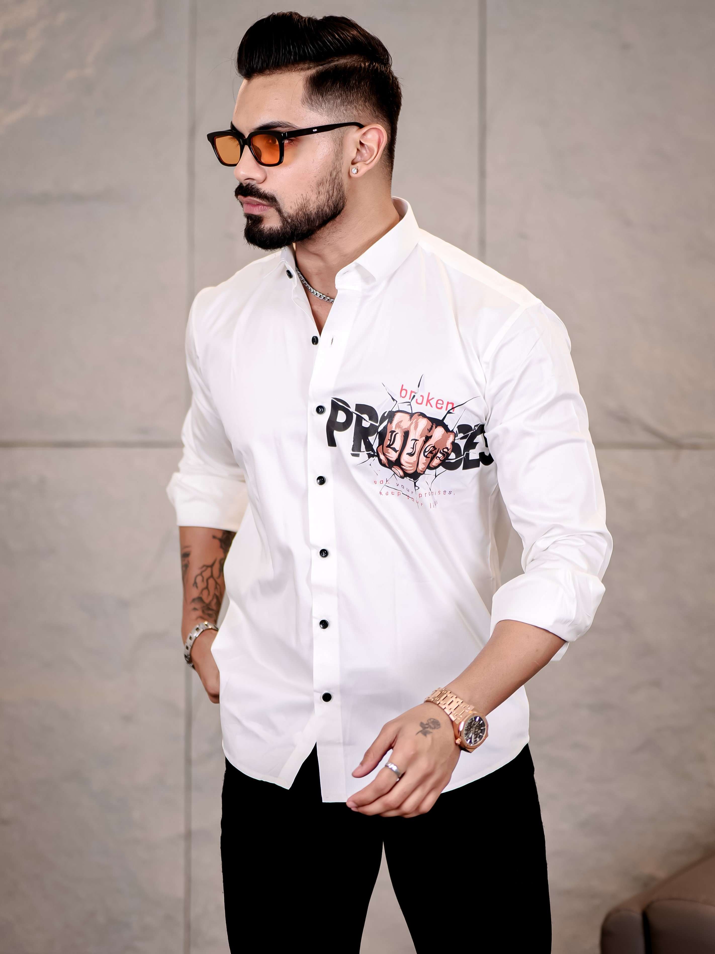 White Club Wear Lie Broken Printed Satin Cotton Shirt
