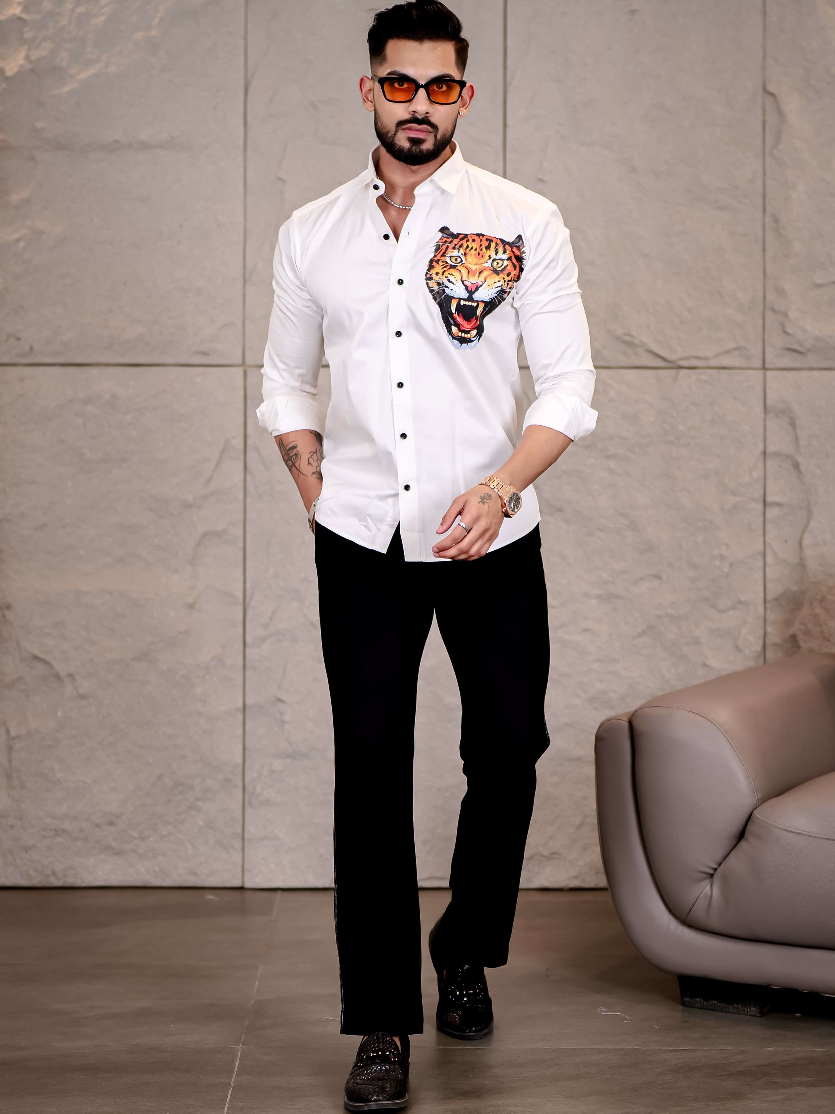 White Club Wear Roar Cheetah Printed Satin Cotton Shirt
