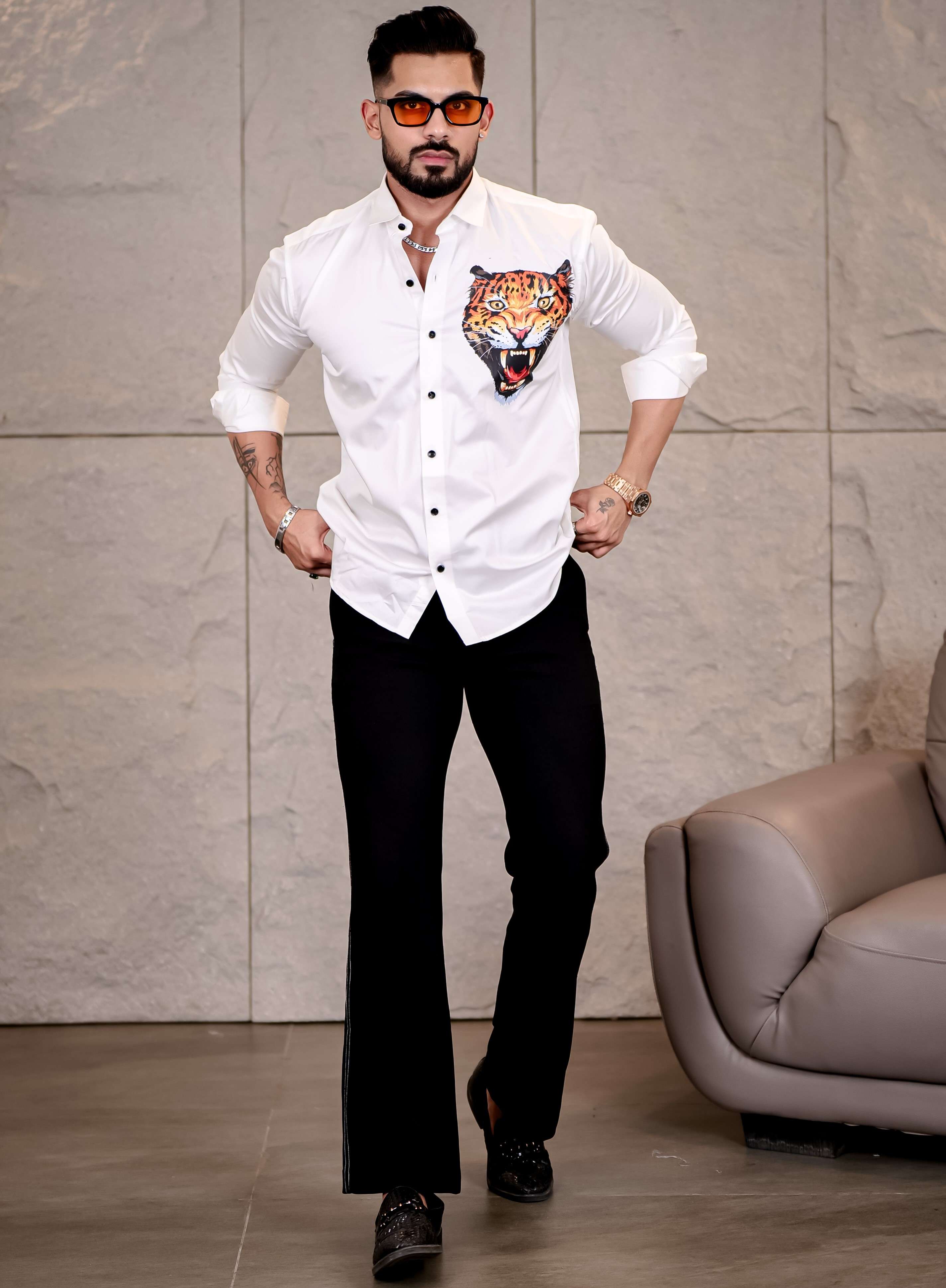White Club Wear Roar Cheetah Printed Satin Cotton Shirt