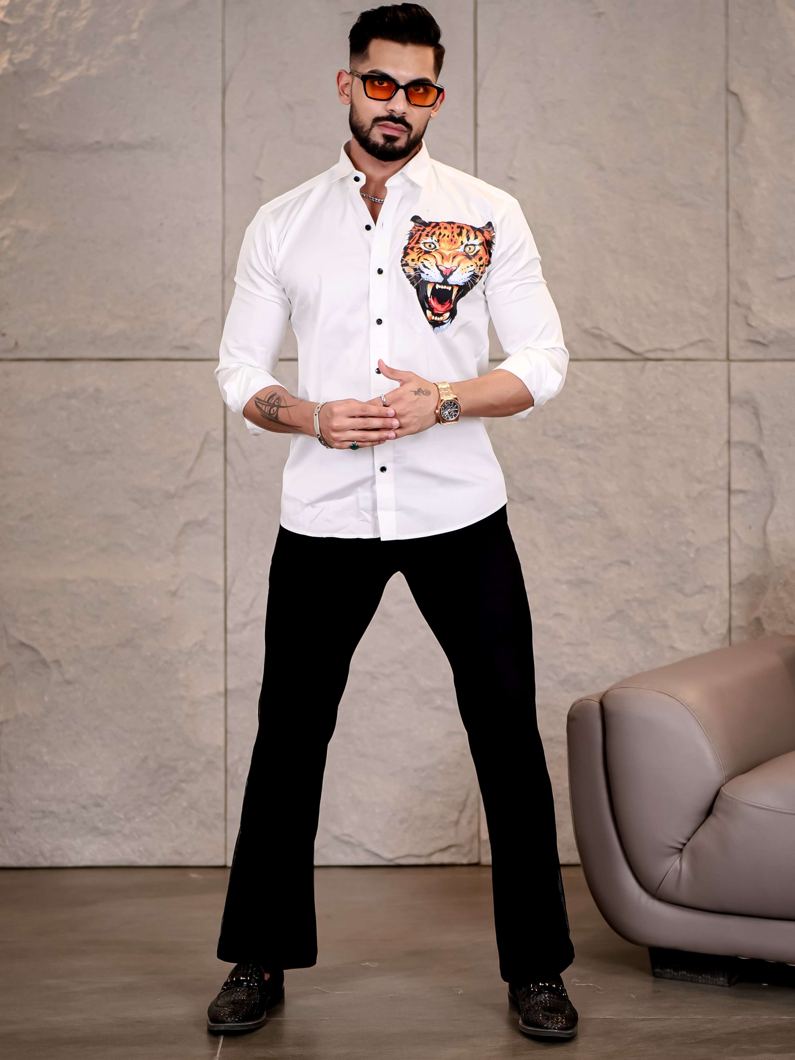 White Club Wear Roar Cheetah Printed Satin Cotton Shirt