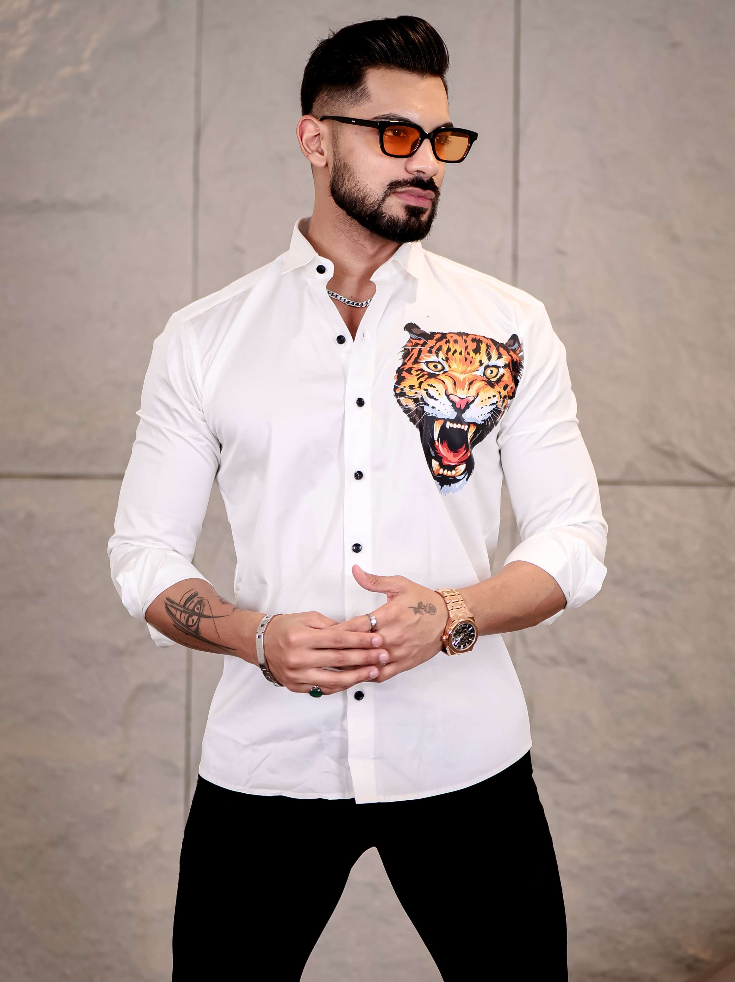 White Club Wear Roar Cheetah Printed Satin Cotton Shirt