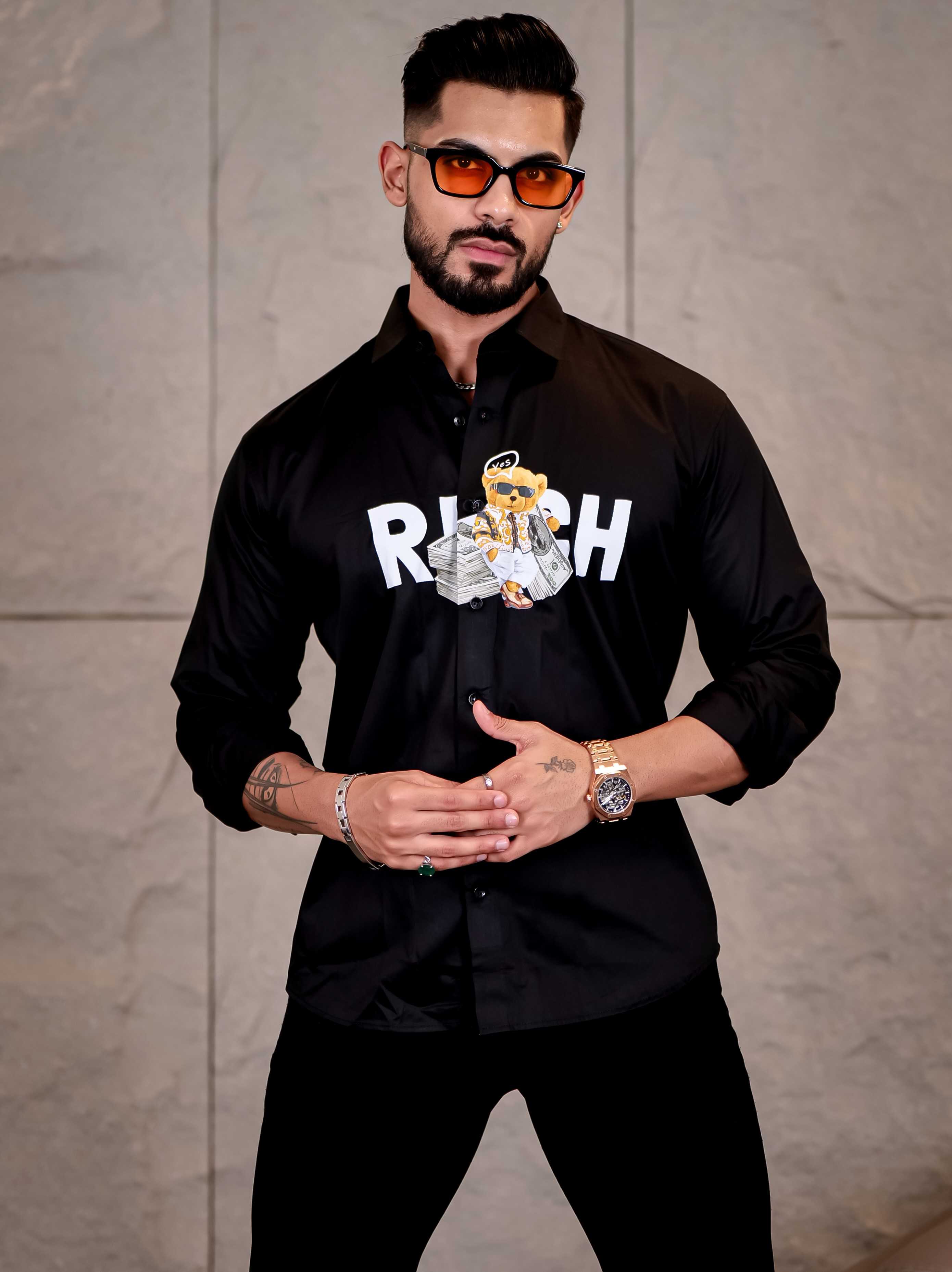 Black Club Wear Rich Printed Satin Cotton Shirt