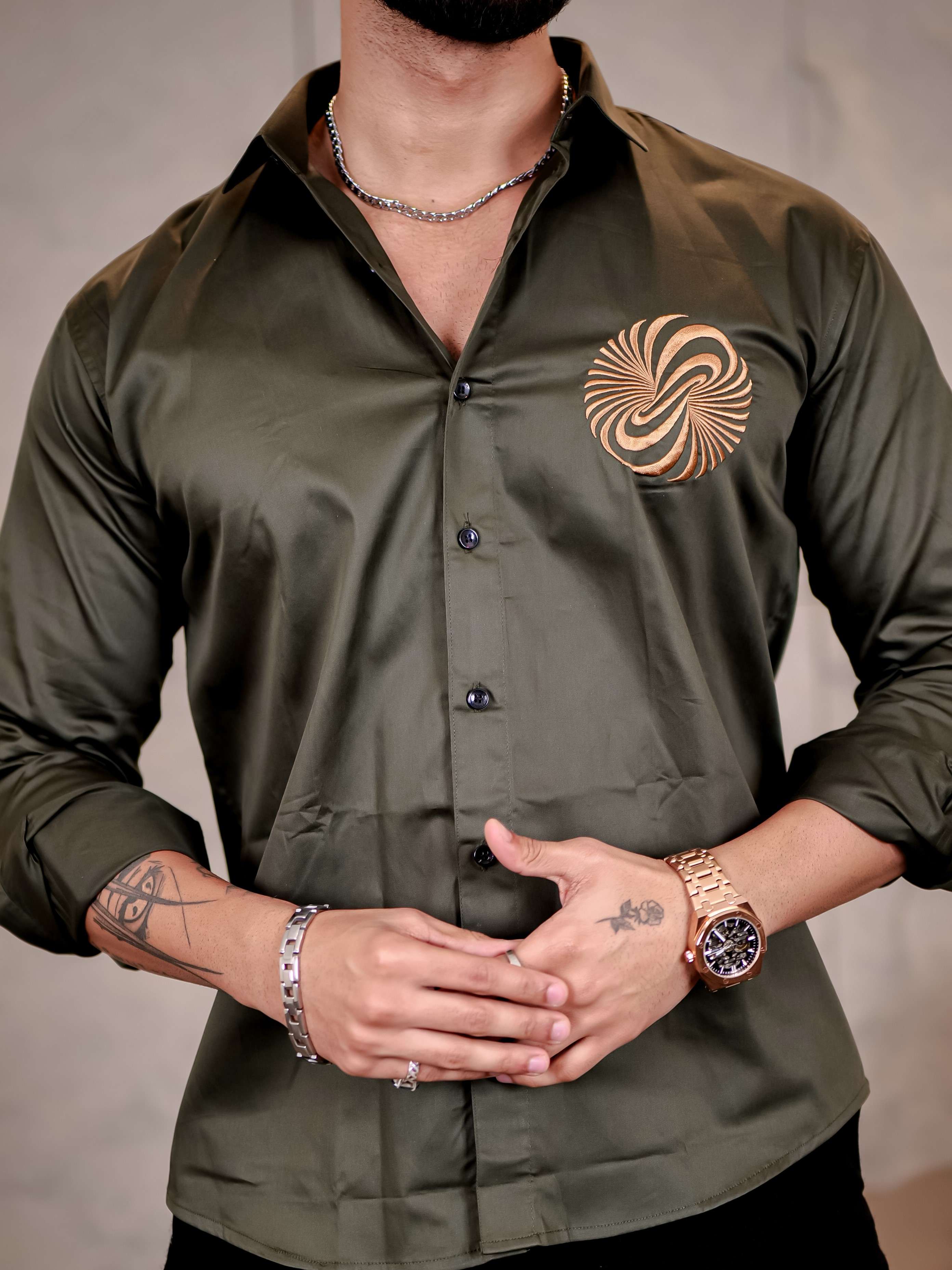 Olive Green Money Attract Embroidered Premium Cotton Shirt For Men