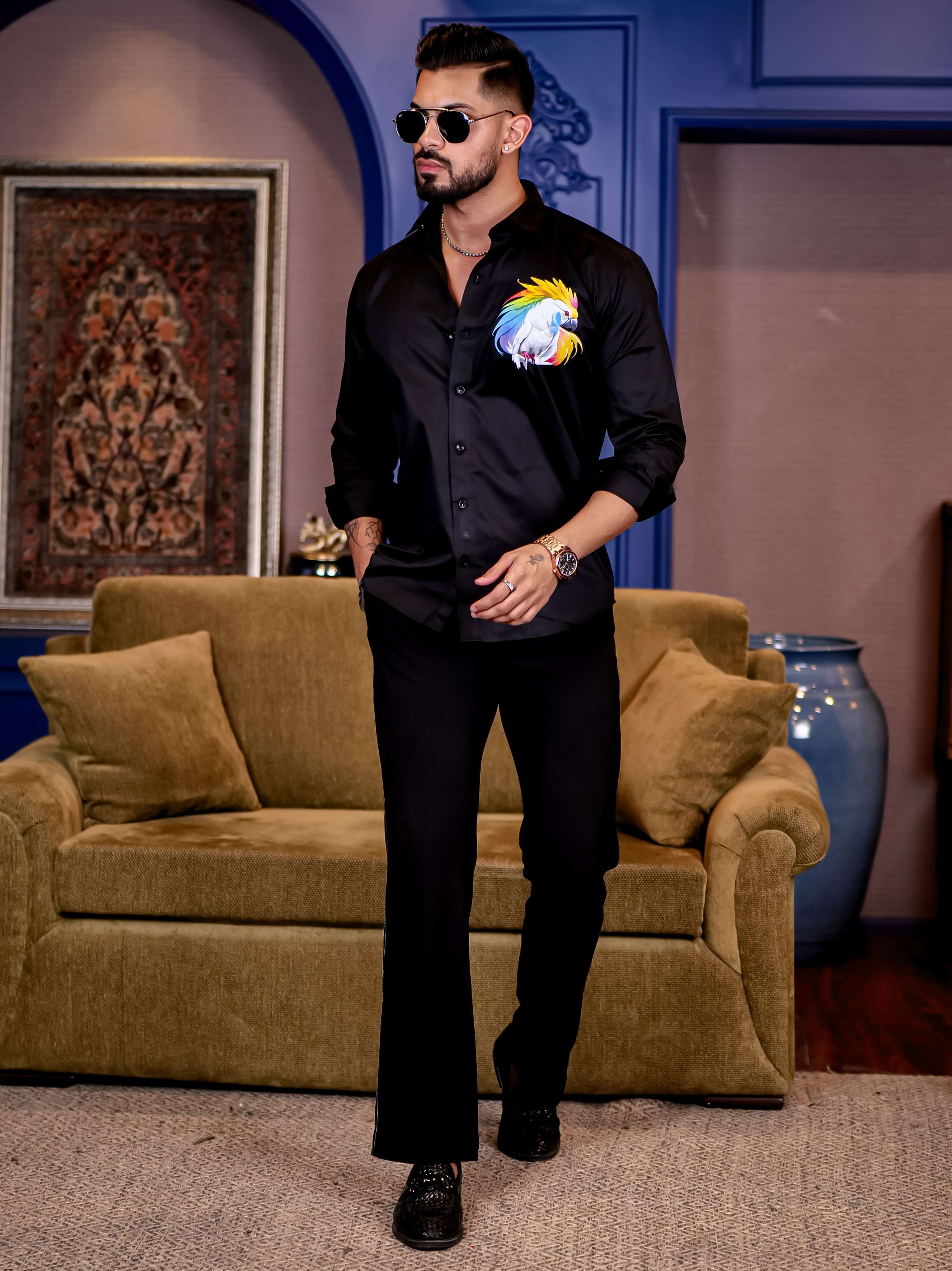 Black Club Wear Cockatoos Printed Satin Cotton Shirt