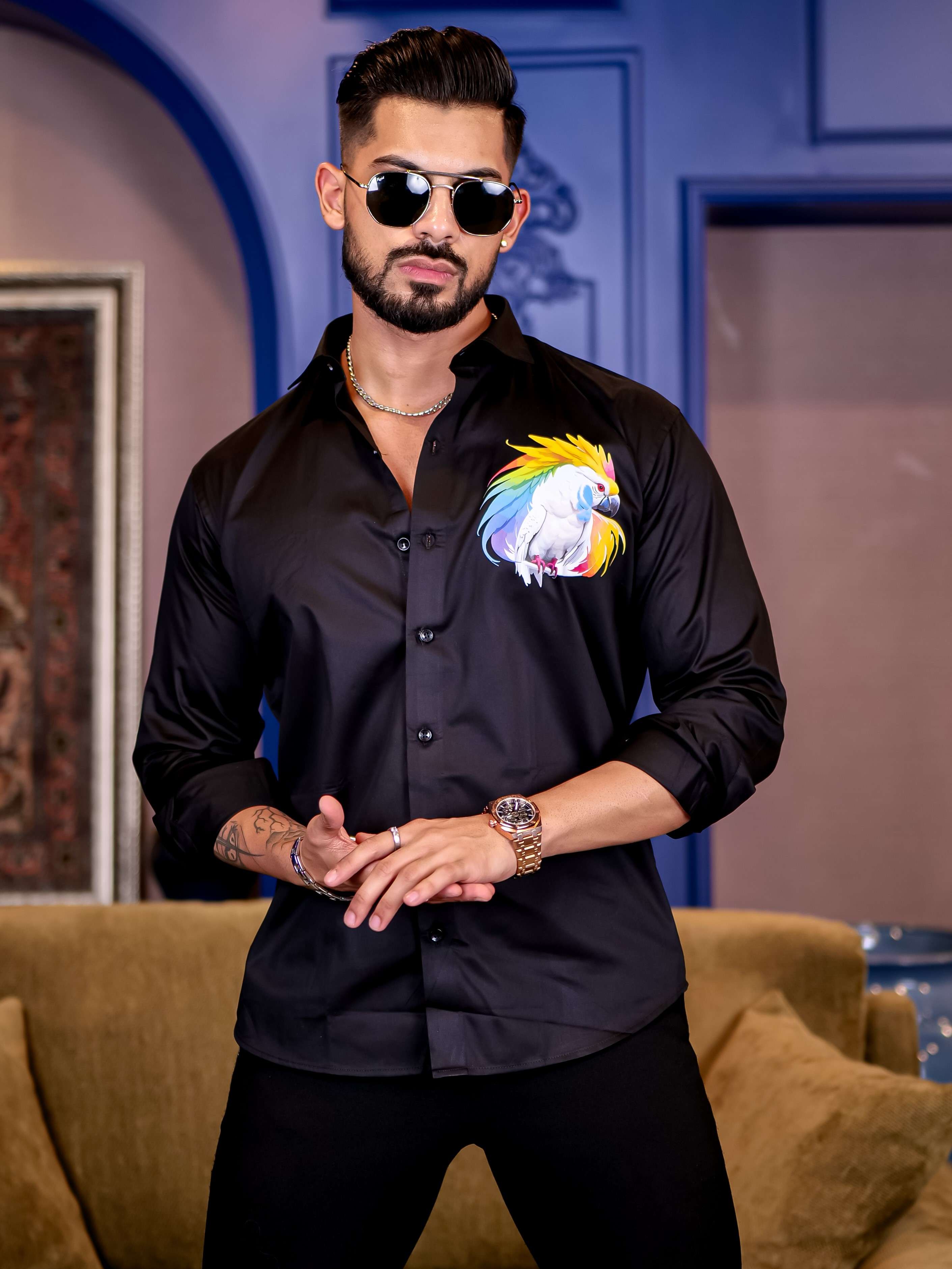 Black Club Wear Cockatoos Printed Satin Cotton Shirt