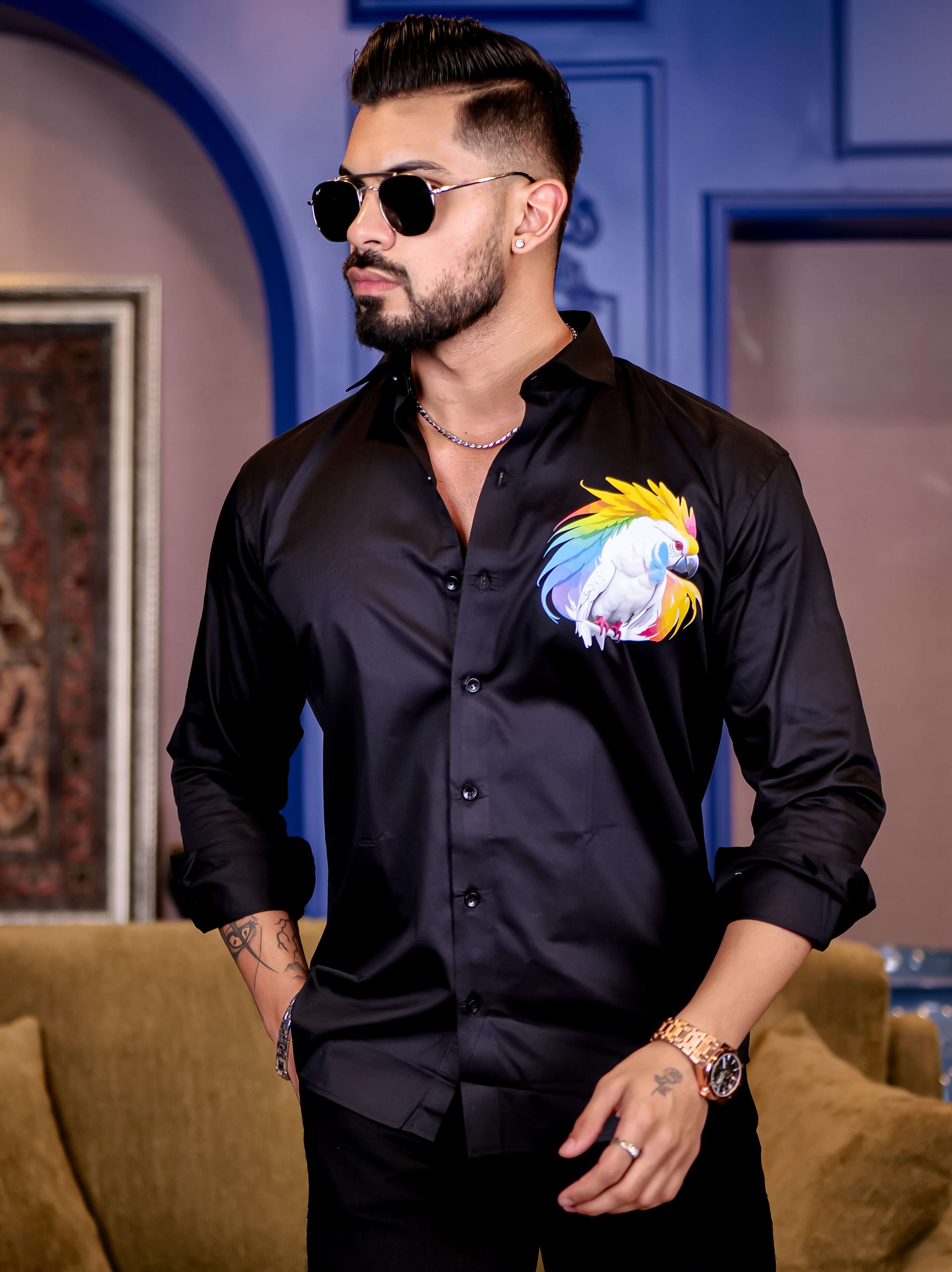 Black Club Wear Cockatoos Printed Satin Cotton Shirt