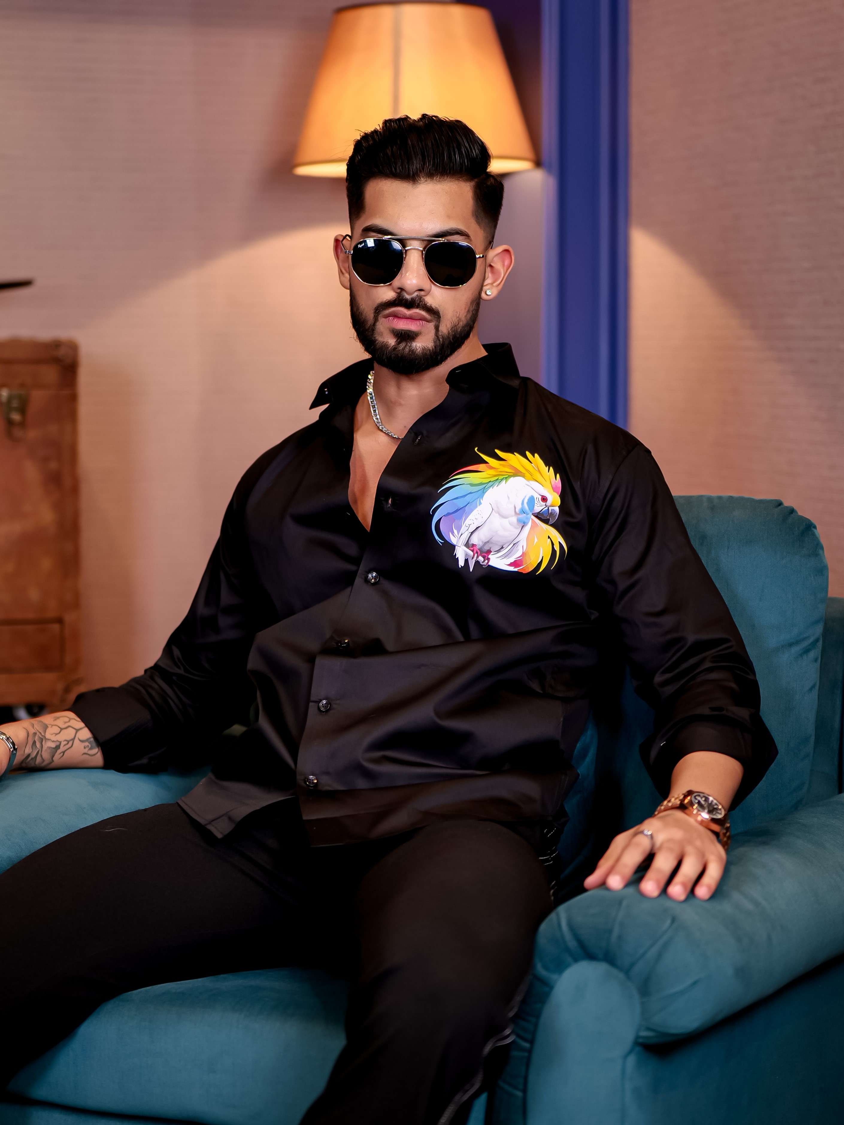 Black Club Wear Cockatoos Printed Satin Cotton Shirt