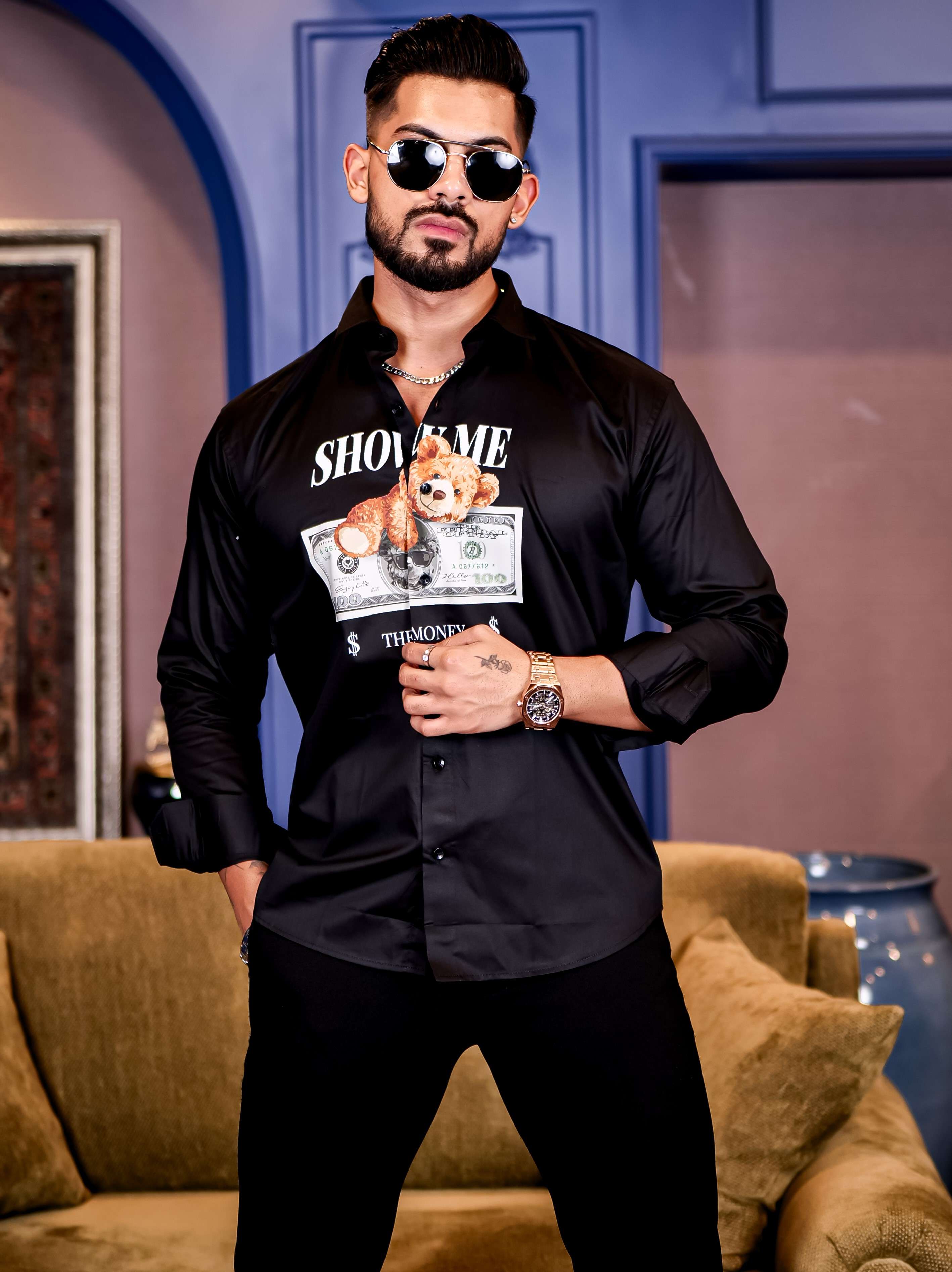 Black Club Wear Billionaire Printed Satin Cotton Shirt