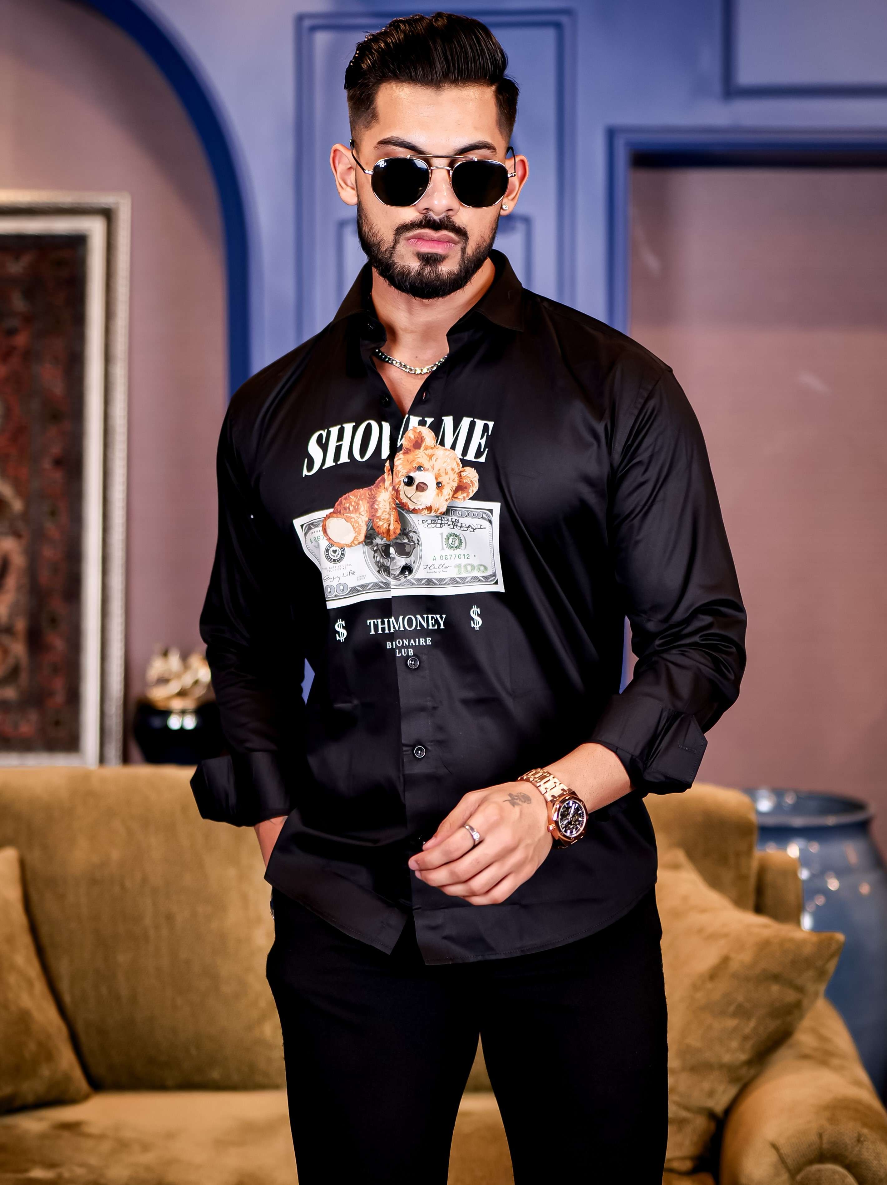 Black Club Wear Billionaire Printed Satin Cotton Shirt