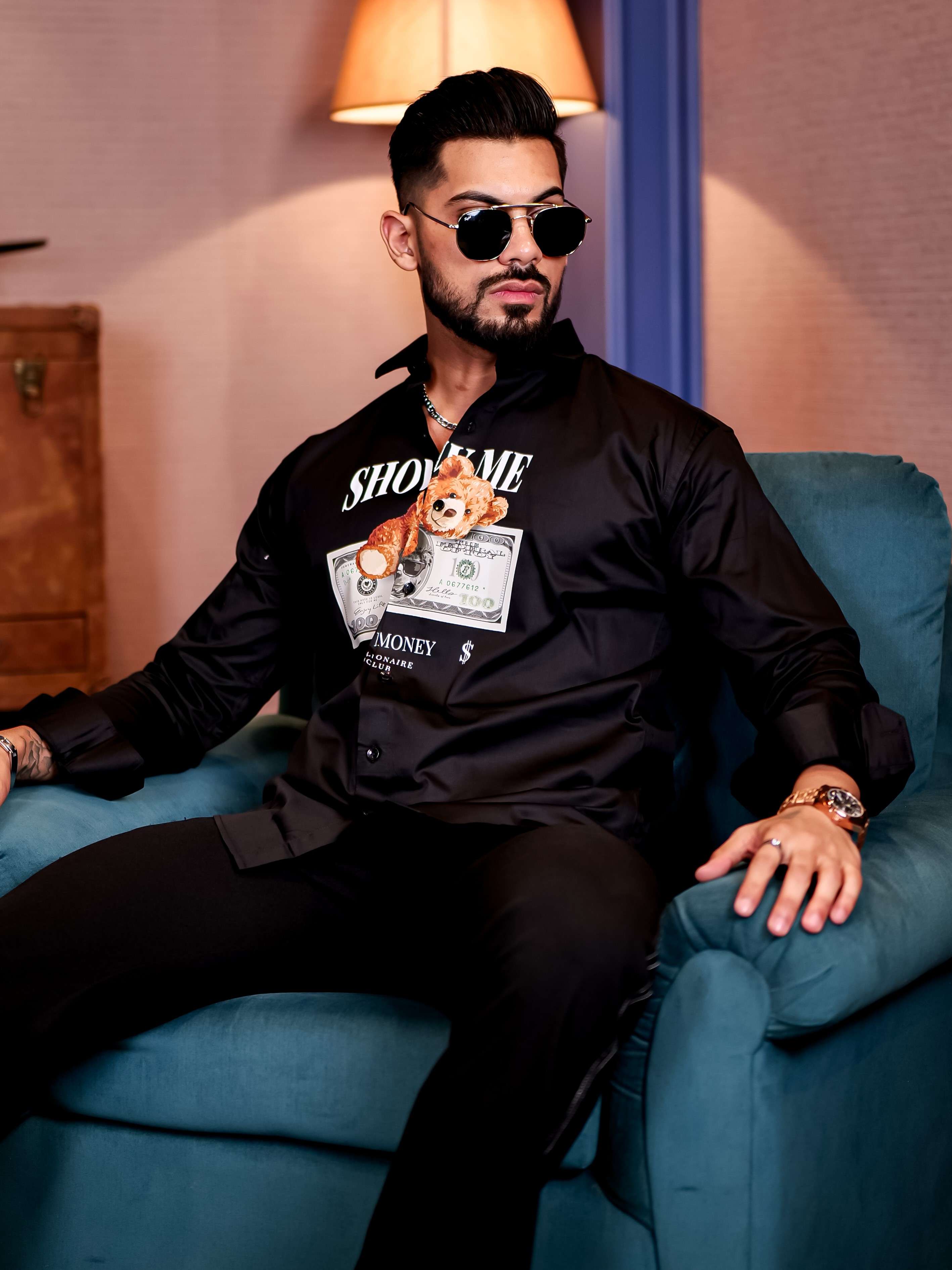 Black Club Wear Billionaire Printed Satin Cotton Shirt