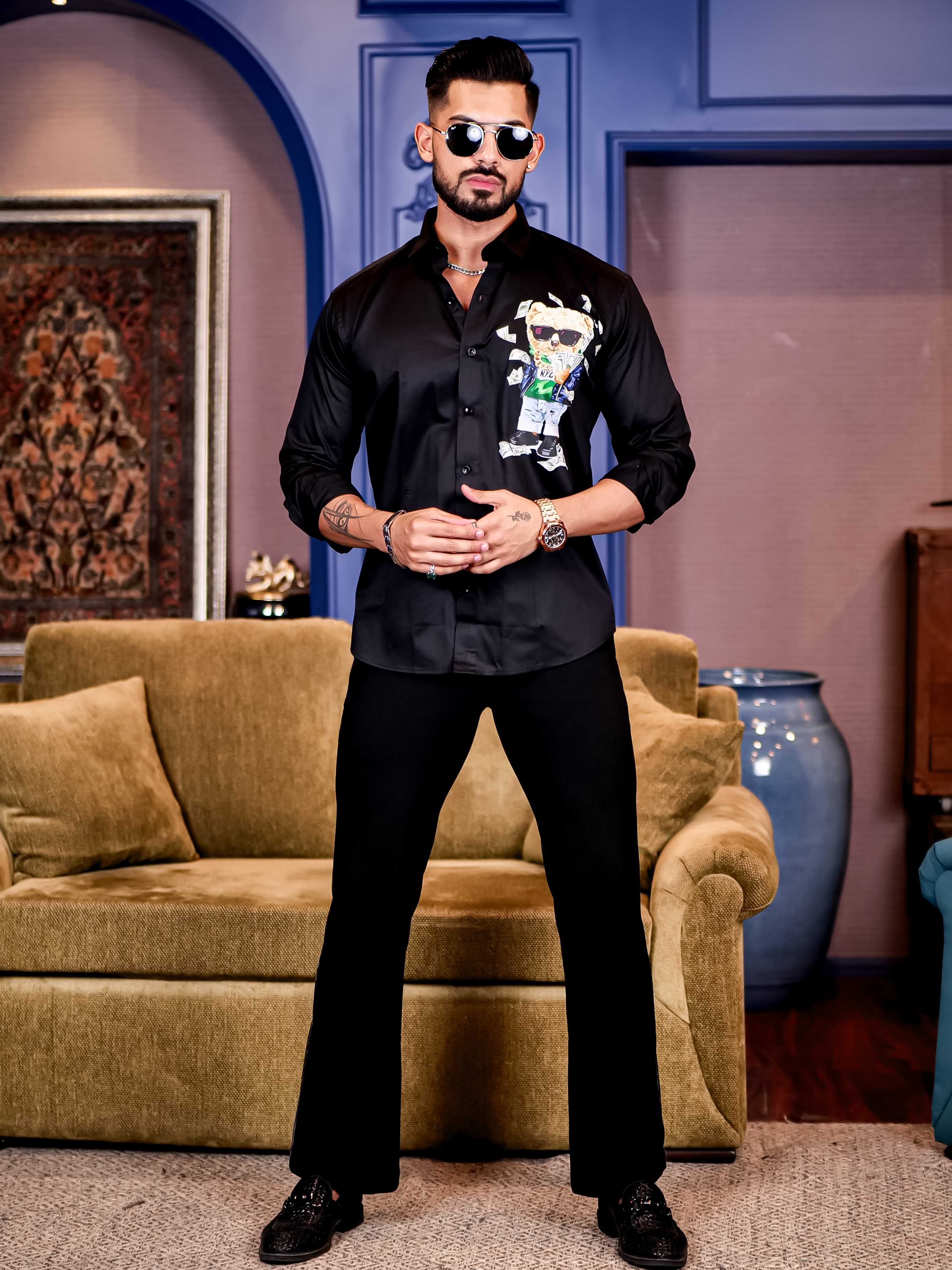 Black Club Wear Printed Satin Cotton Shirt