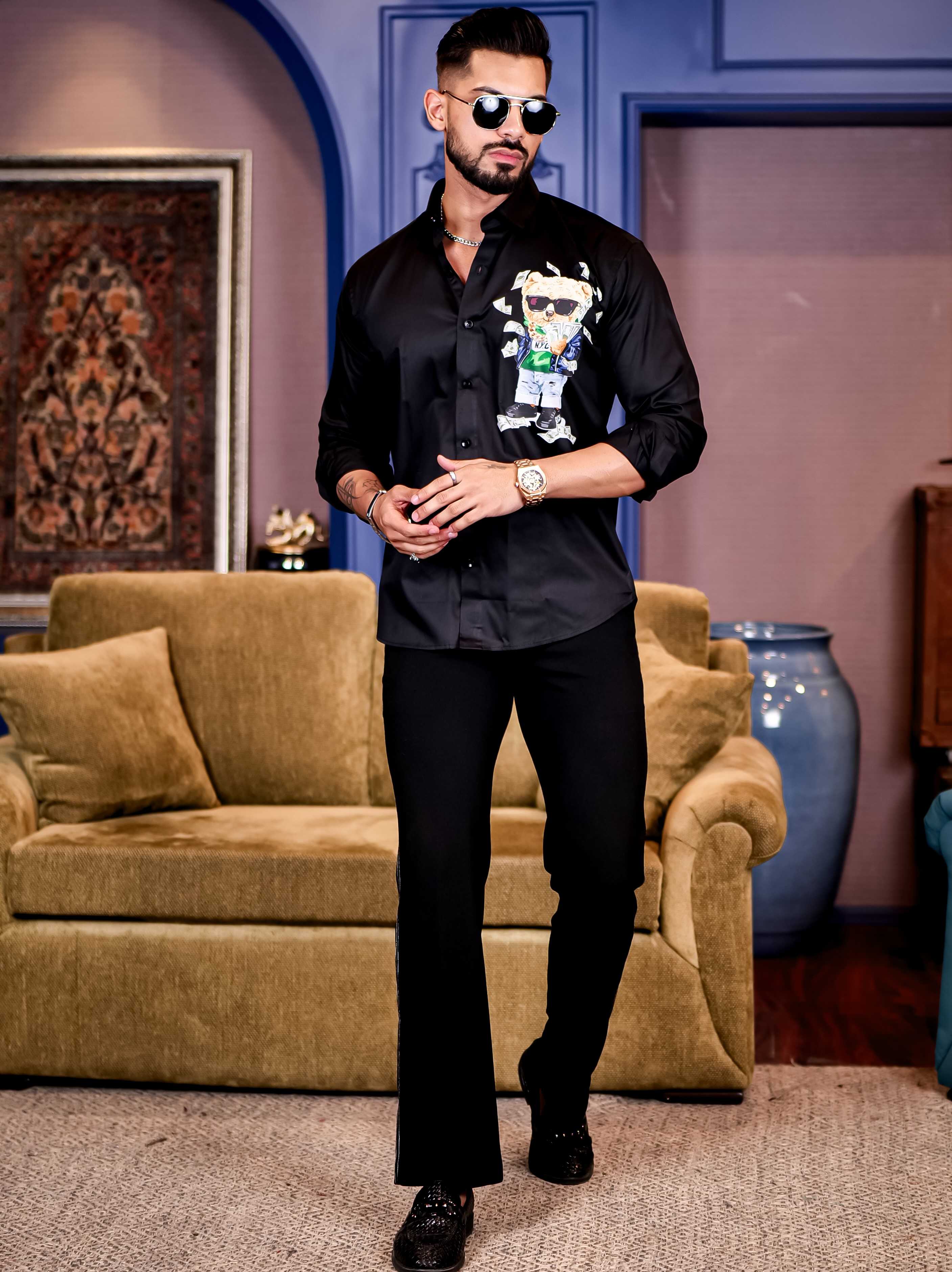 Black Club Wear Printed Satin Cotton Shirt
