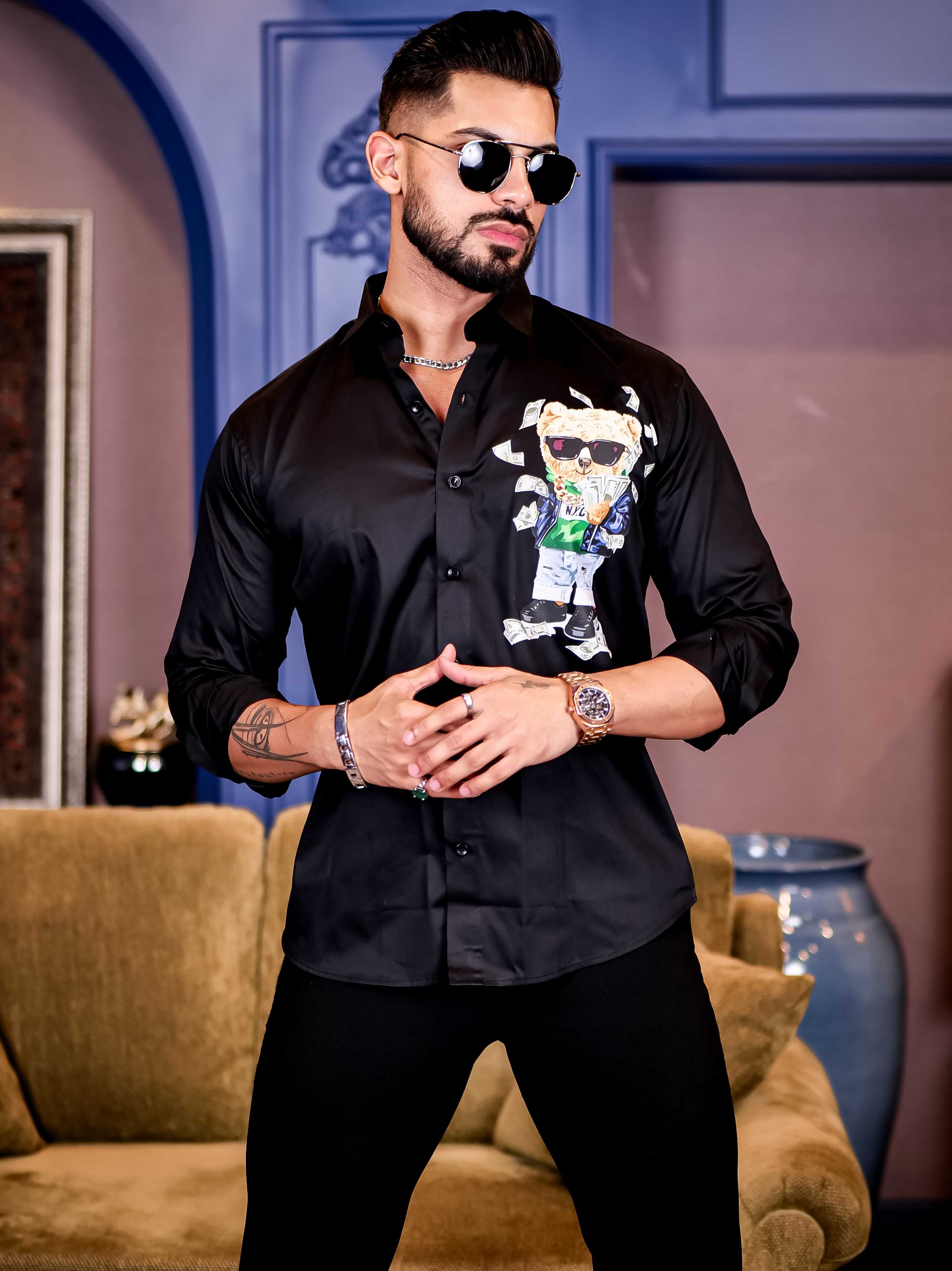 Black Club Wear Printed Satin Cotton Shirt