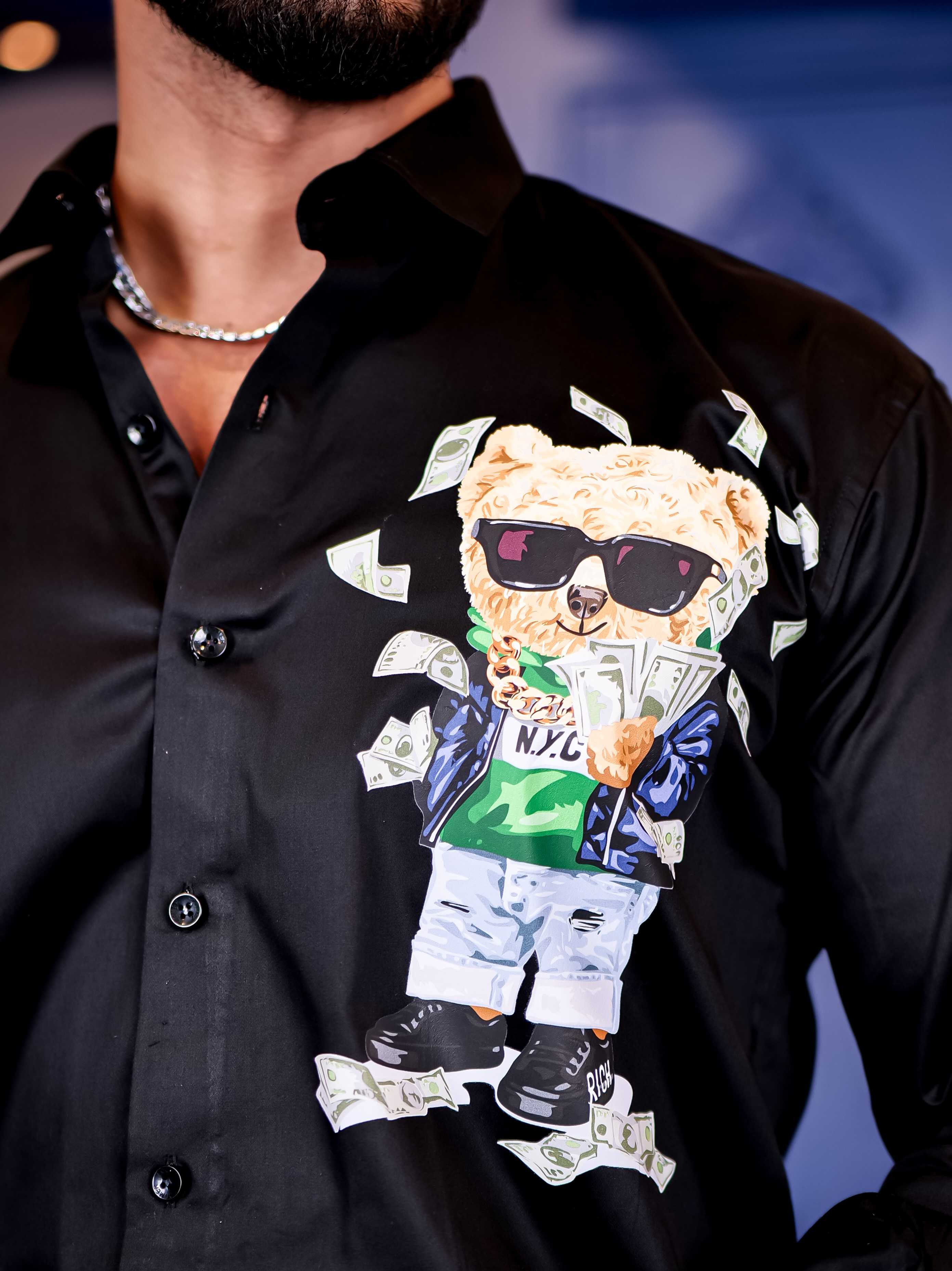 Black Club Wear Printed Satin Cotton Shirt