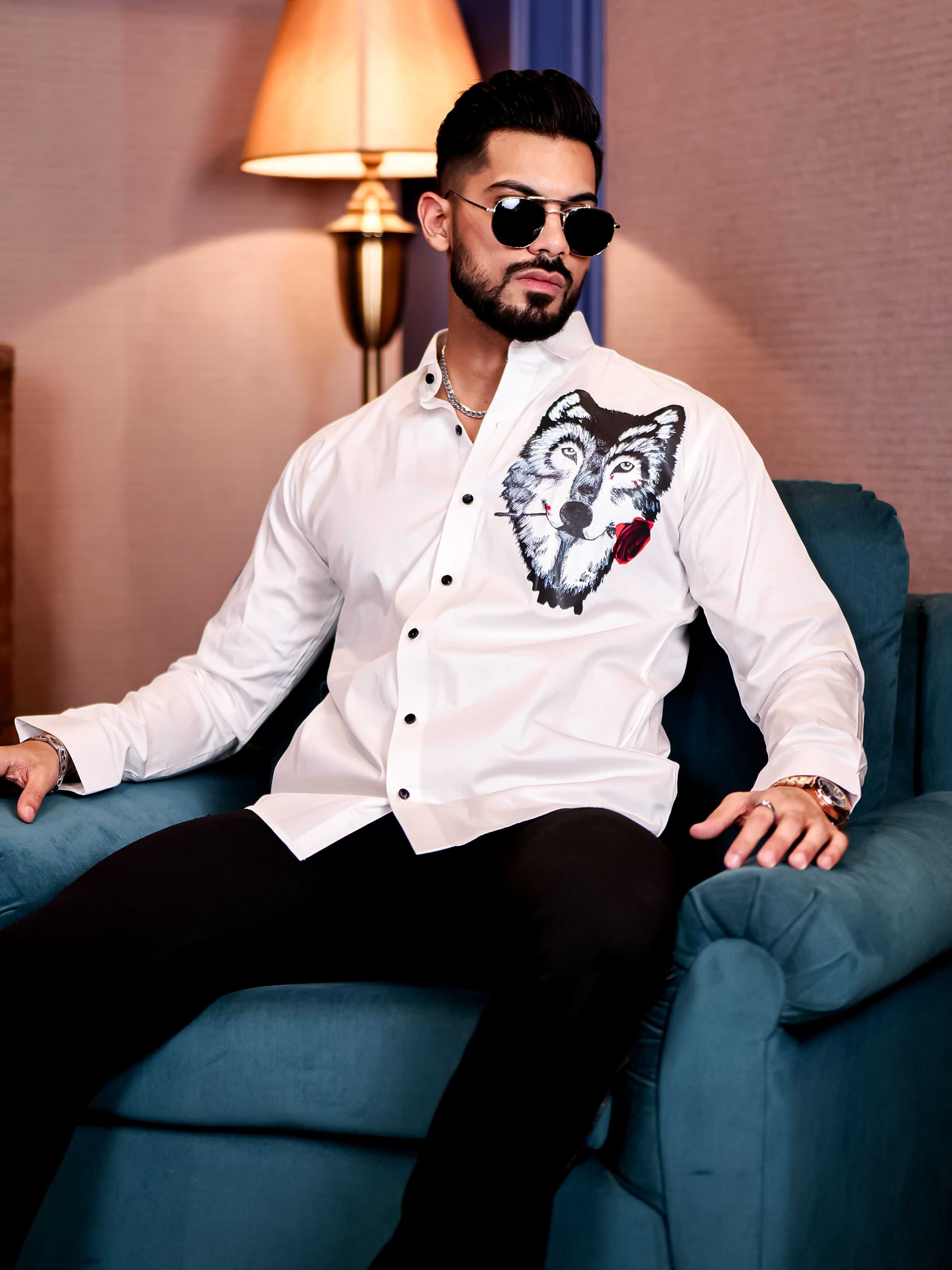 Wolf Love White Club Wear Printed Satin Cotton Shirt