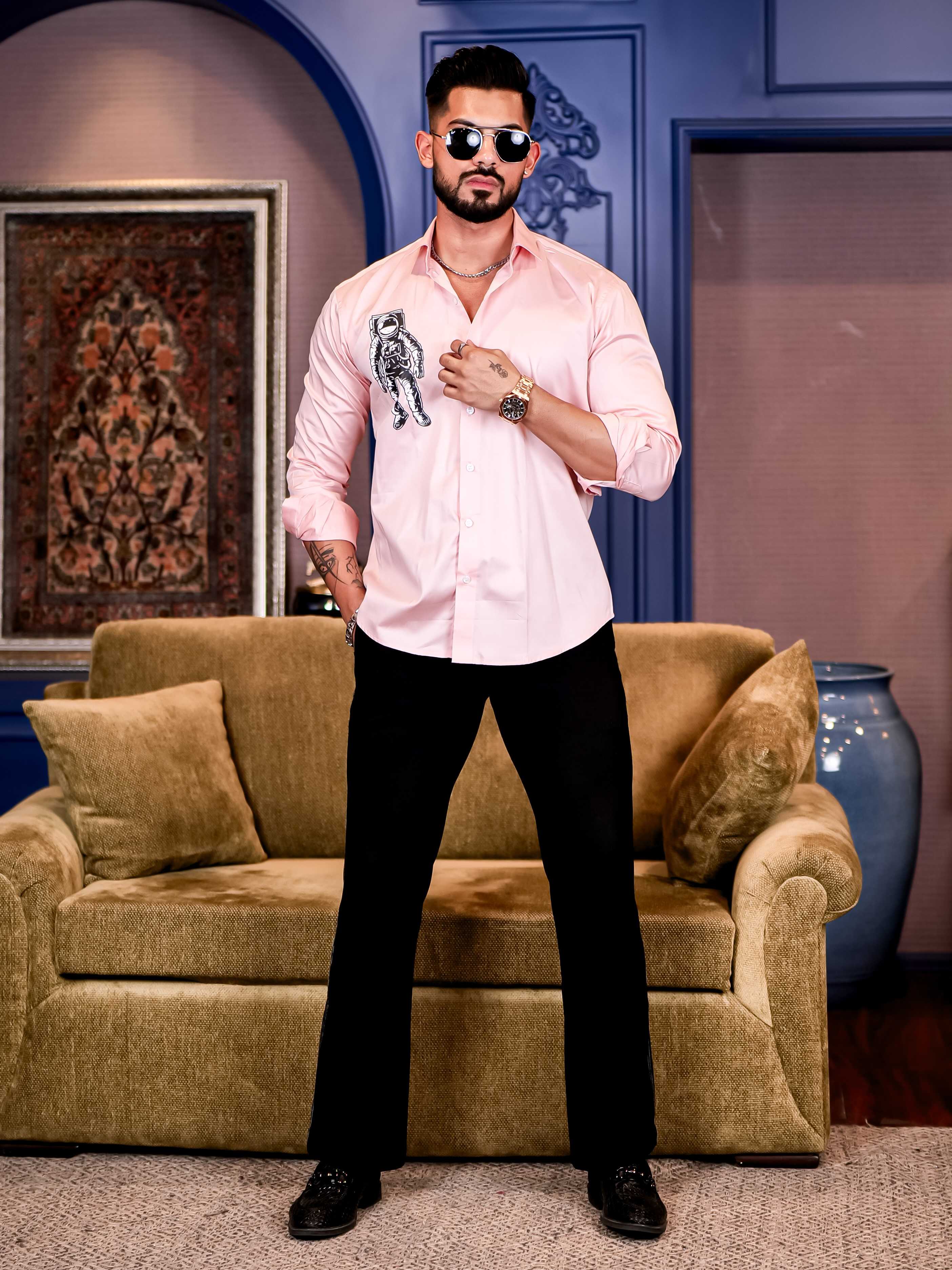 Light Pink Club Wear Astronauts Printed Satin Cotton Shirt
