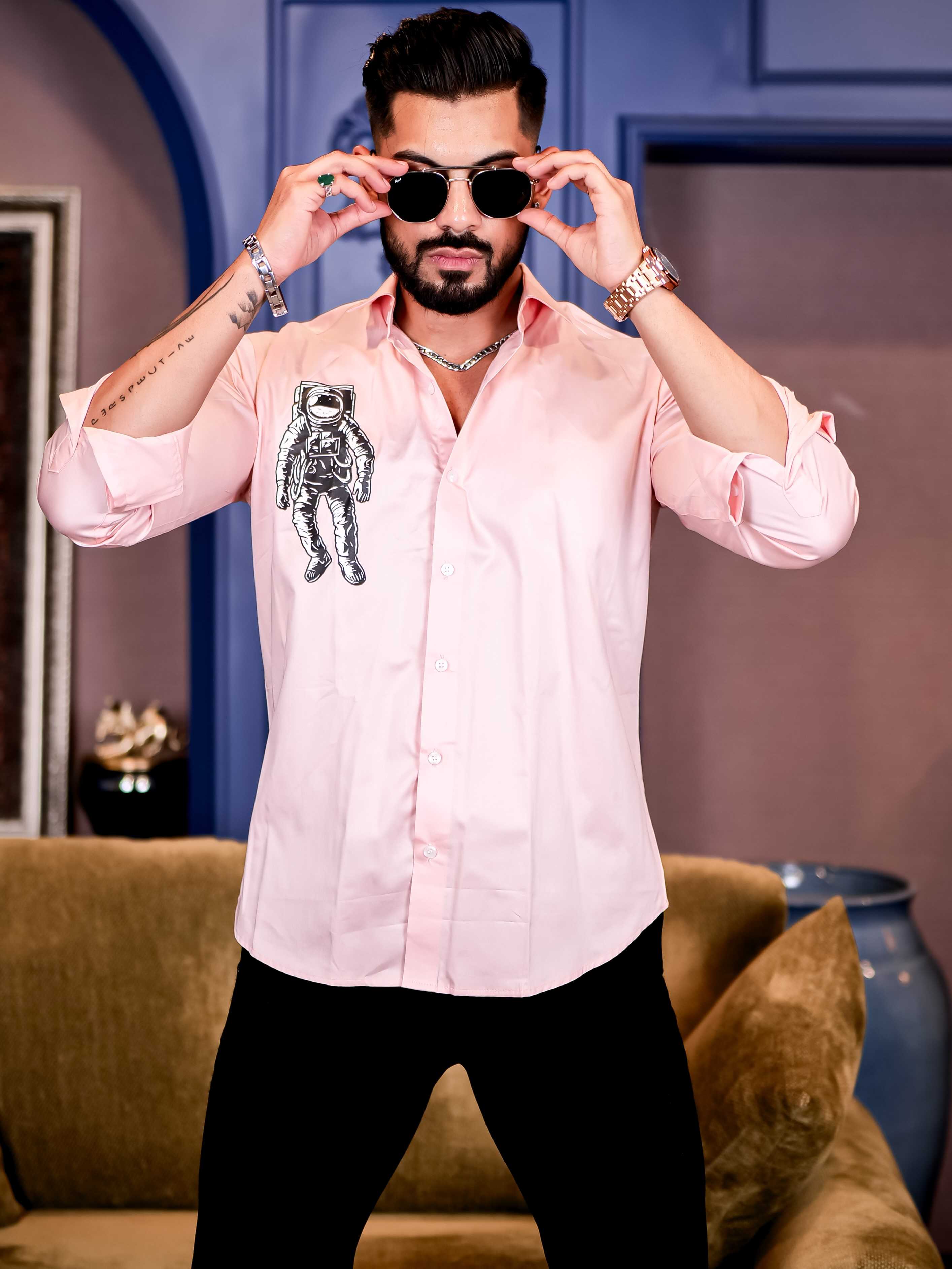 Light Pink Club Wear Astronauts Printed Satin Cotton Shirt