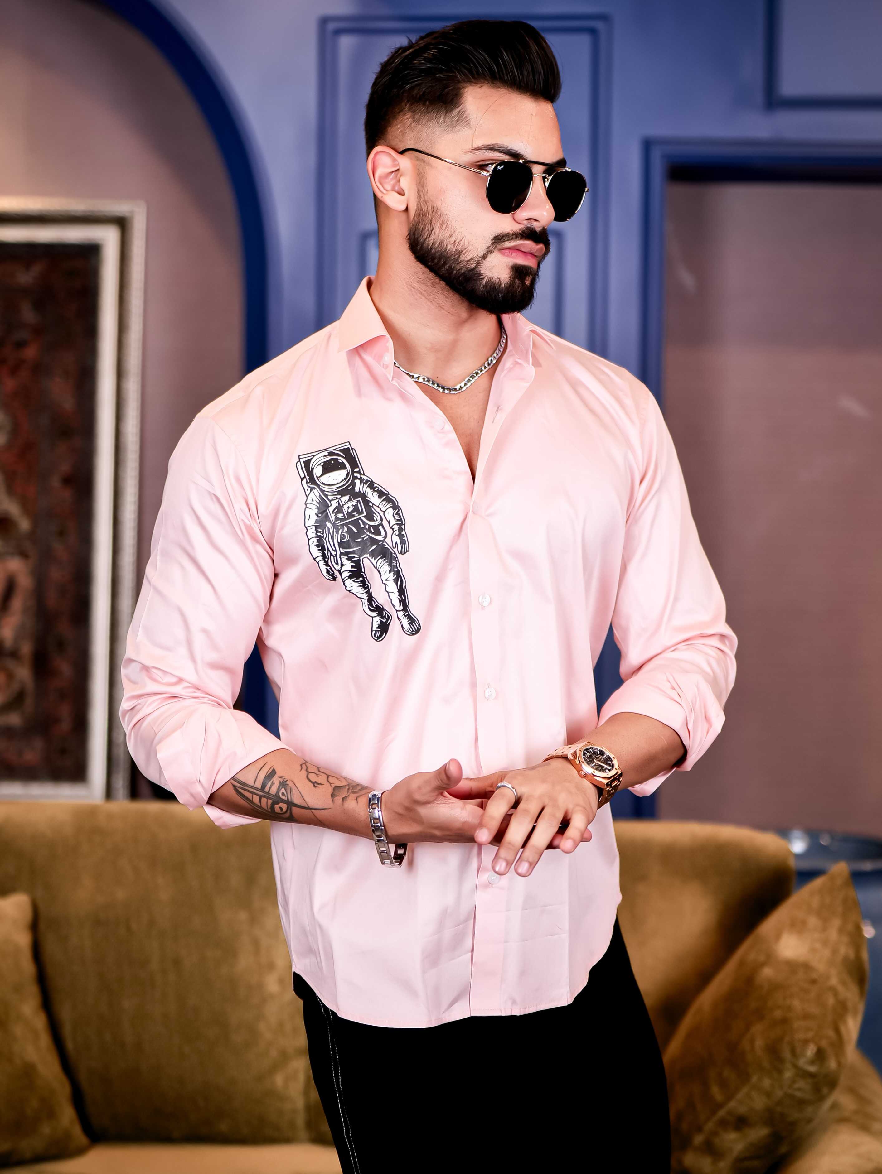 Light Pink Club Wear Astronauts Printed Satin Cotton Shirt