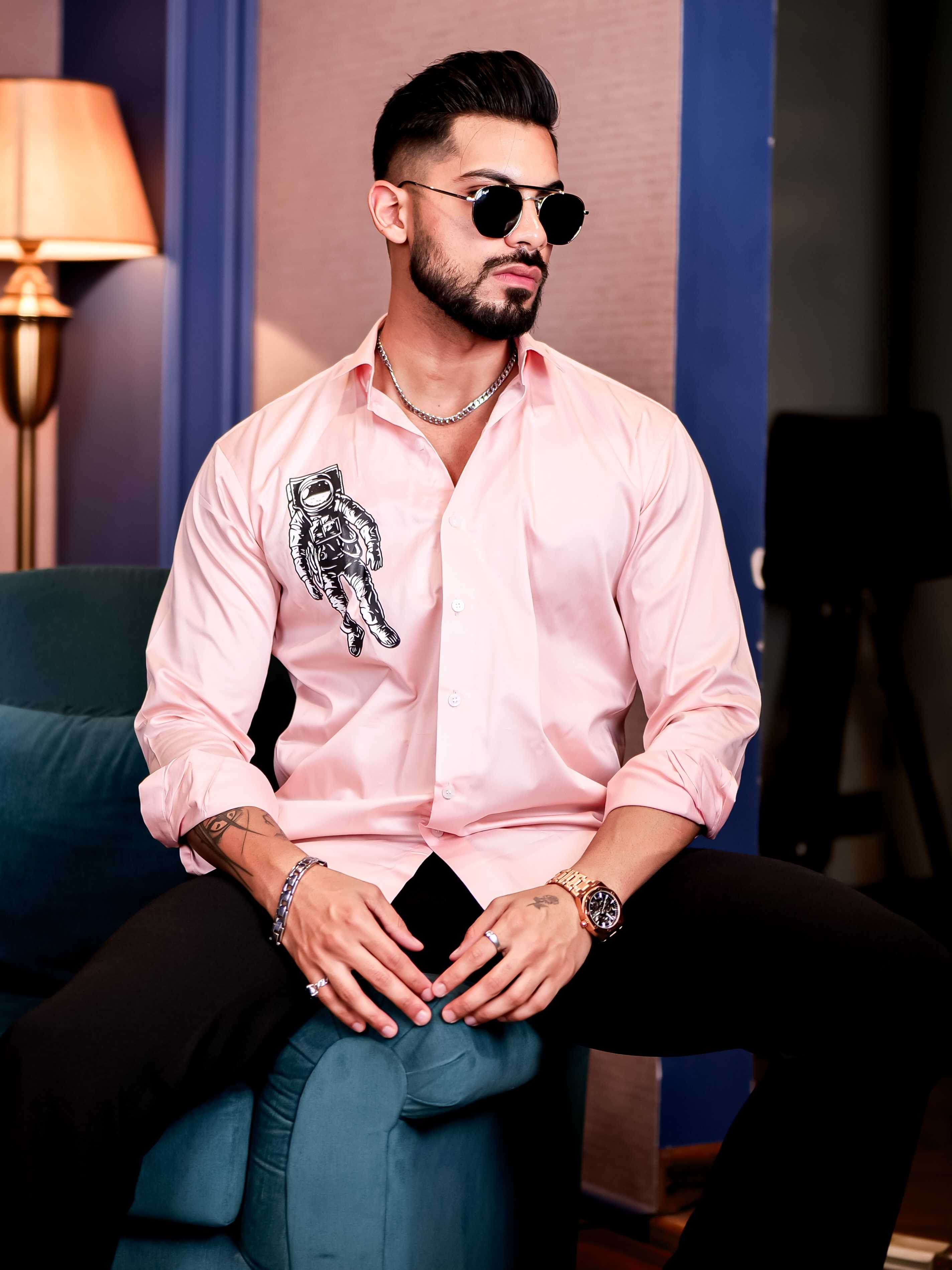 Light Pink Club Wear Astronauts Printed Satin Cotton Shirt