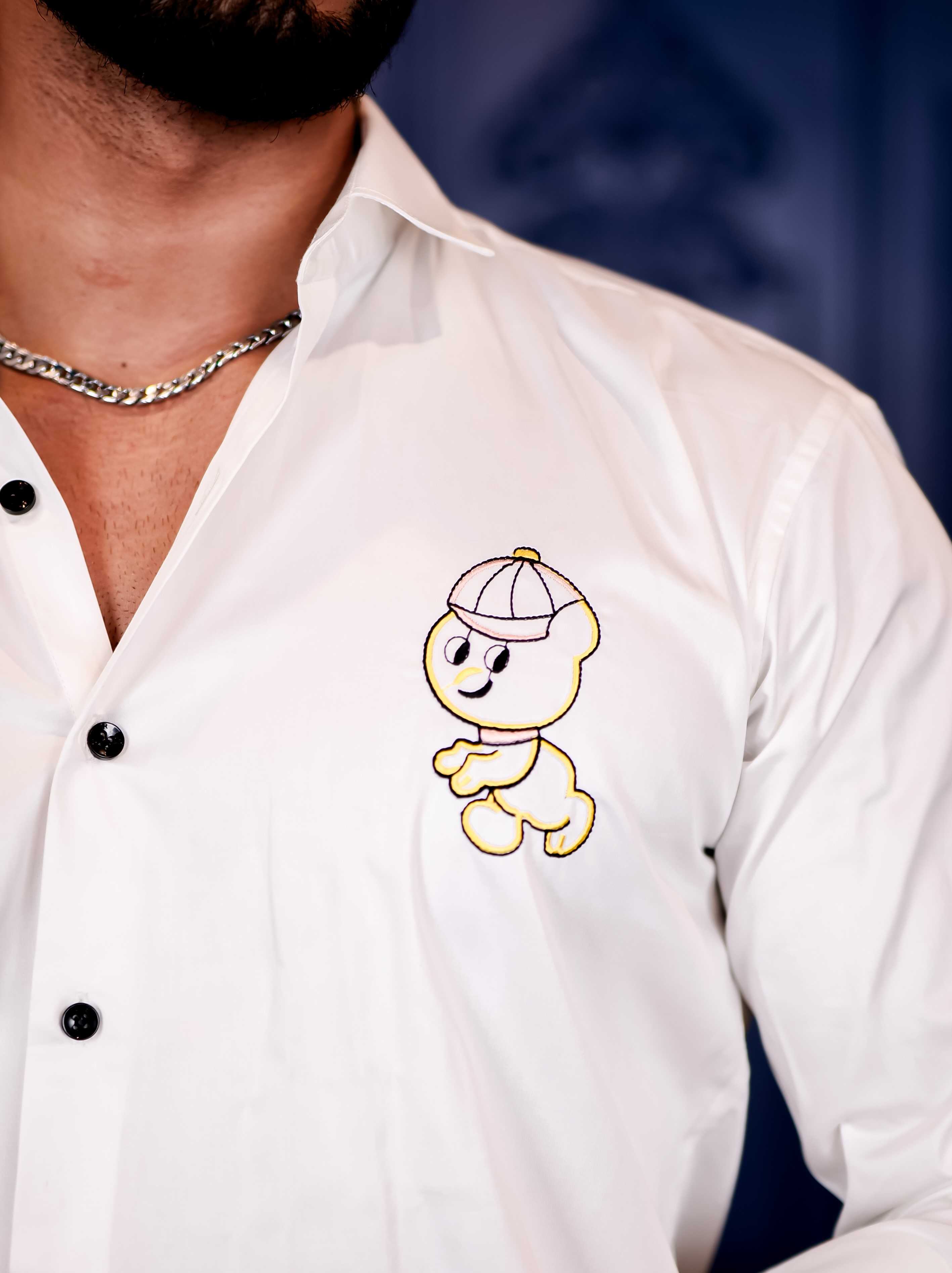 White Clubwear Cartoon Embroidered Satin Cotton Shirt