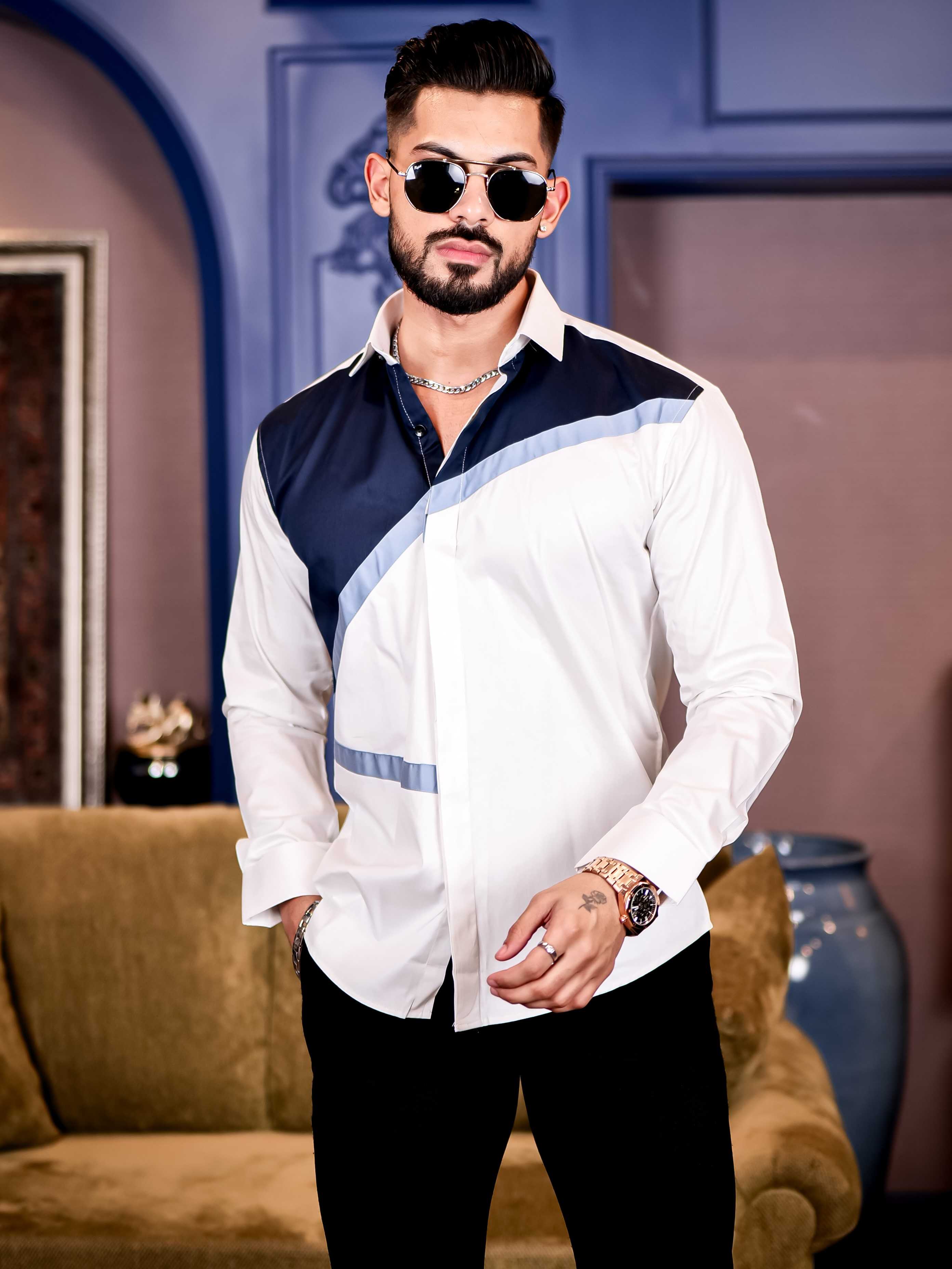 White and Navy Cut n sew Premium Cotton Shirt For Men