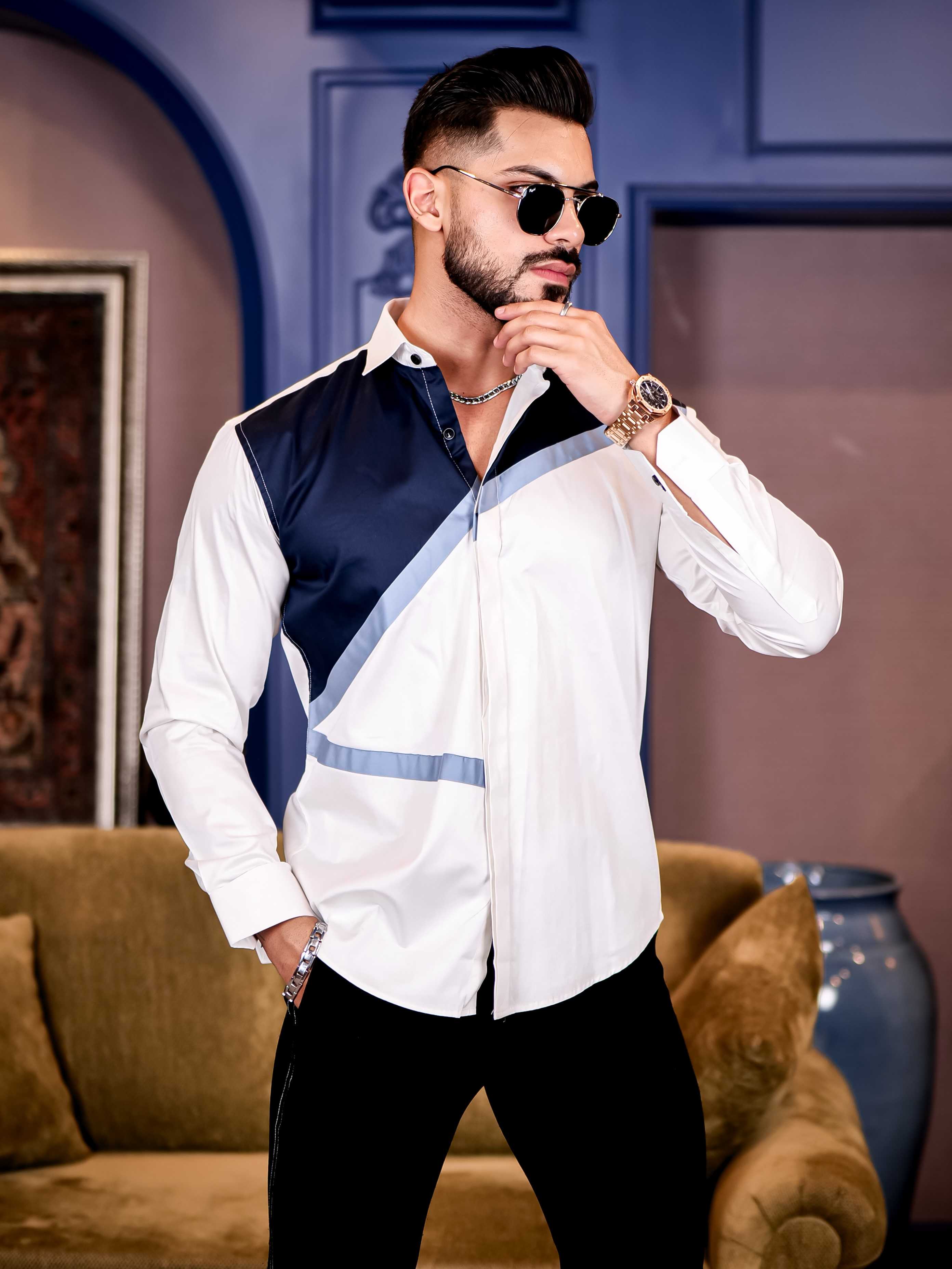 White and Navy Cut n sew Premium Cotton Shirt For Men