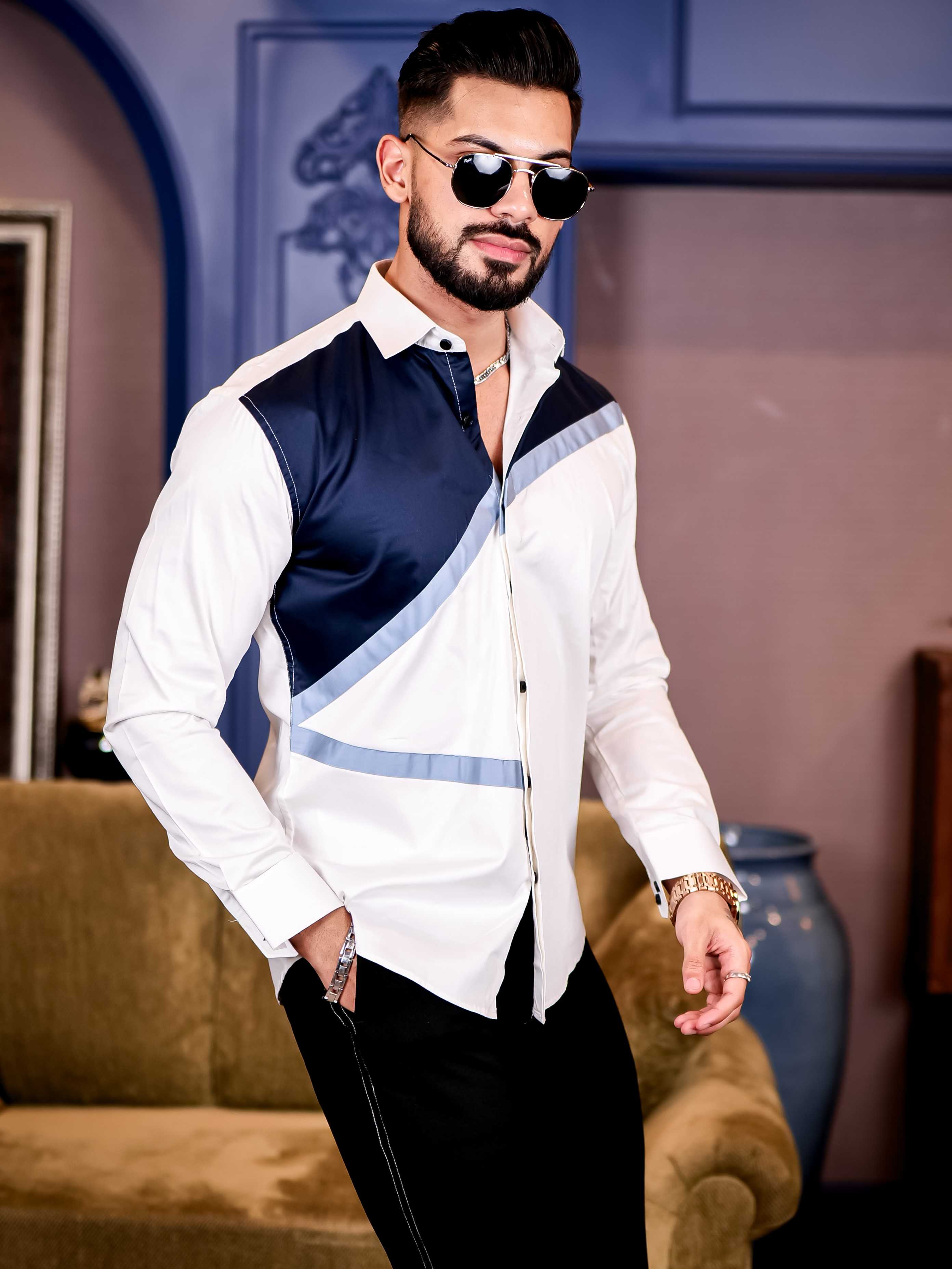 White and Navy Cut n sew Premium Cotton Shirt For Men