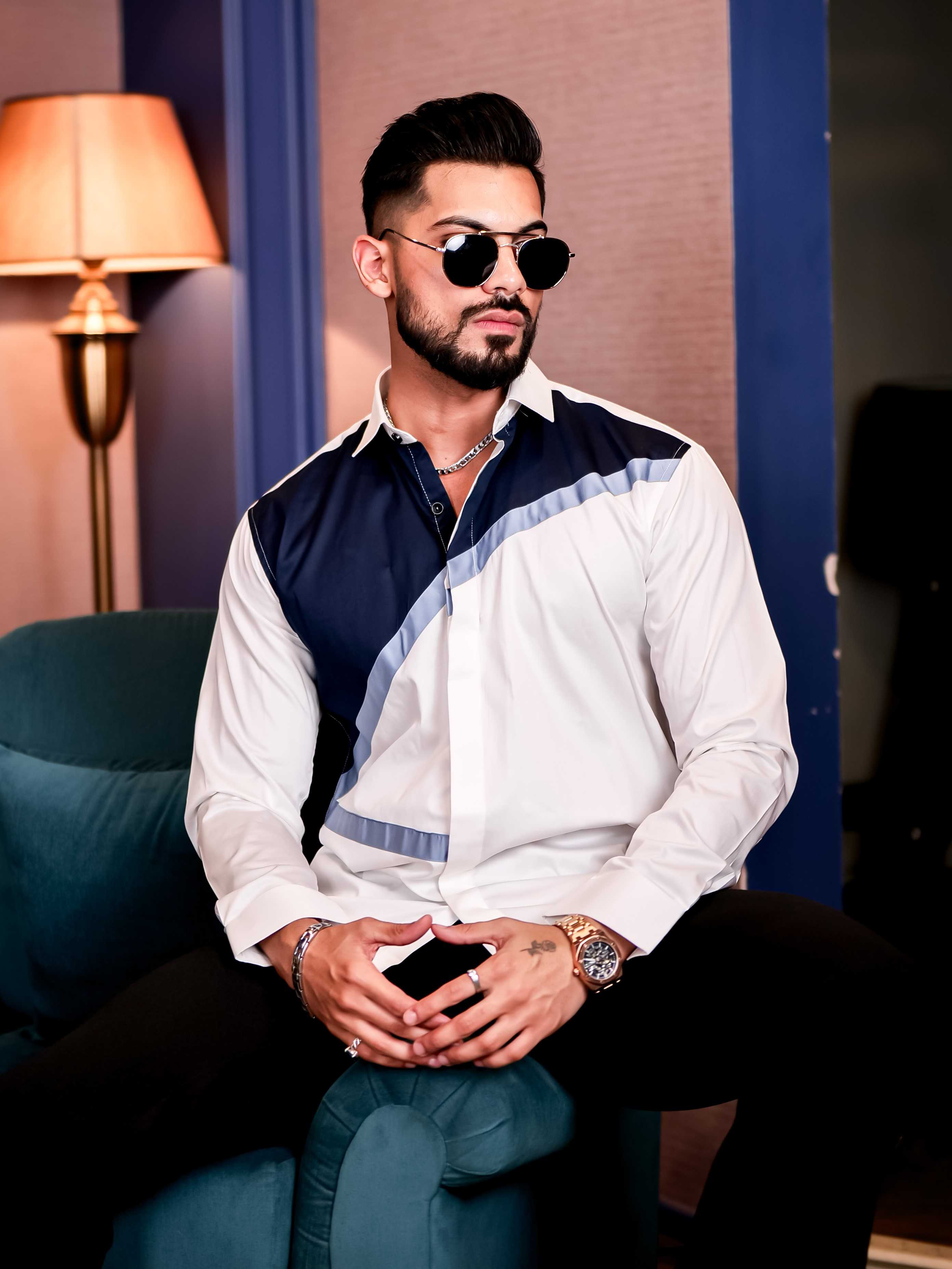 White and Navy Cut n sew Premium Cotton Shirt For Men