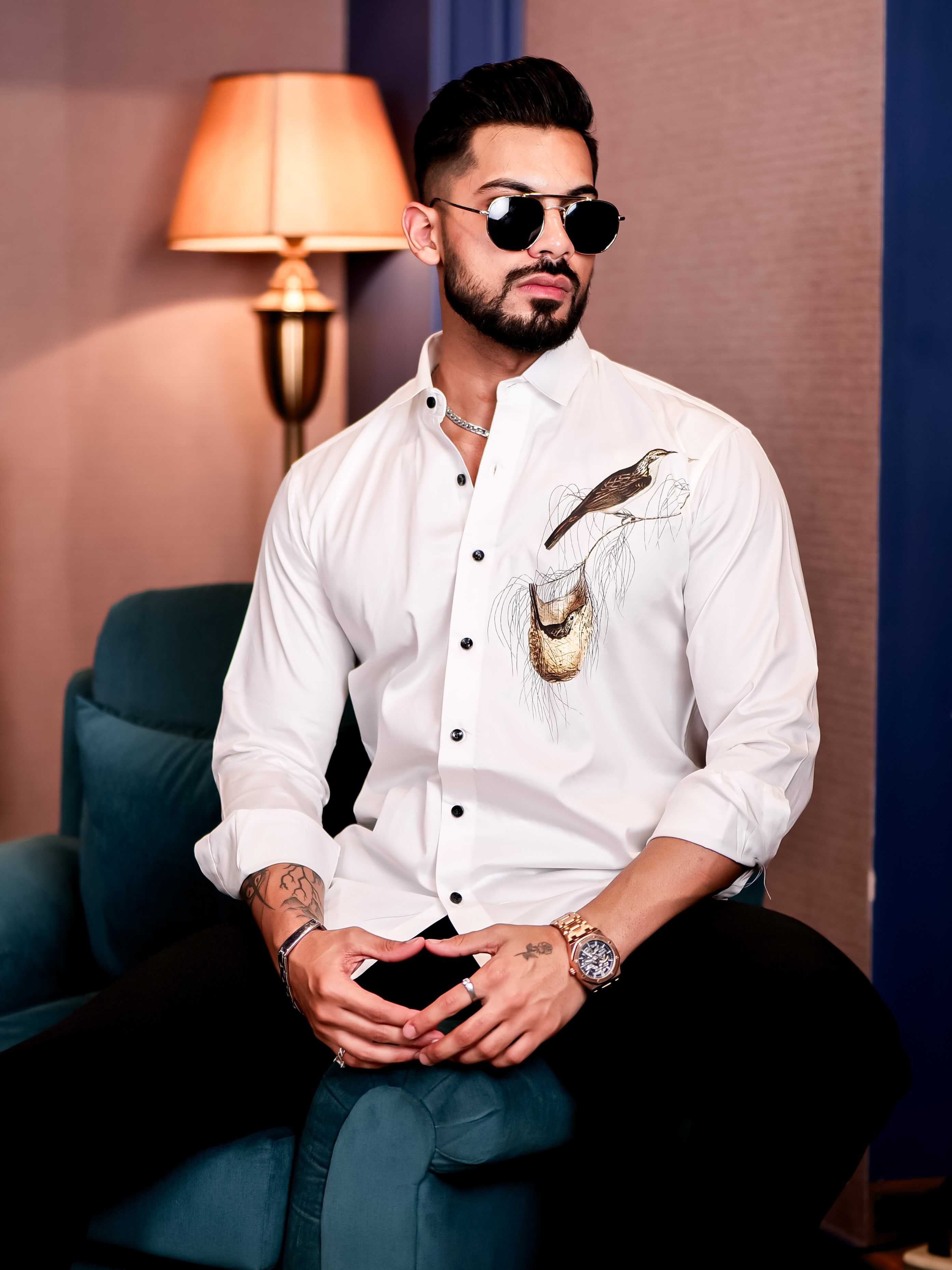 White Club Wear Baya Weaver Printed Satin Cotton Shirt