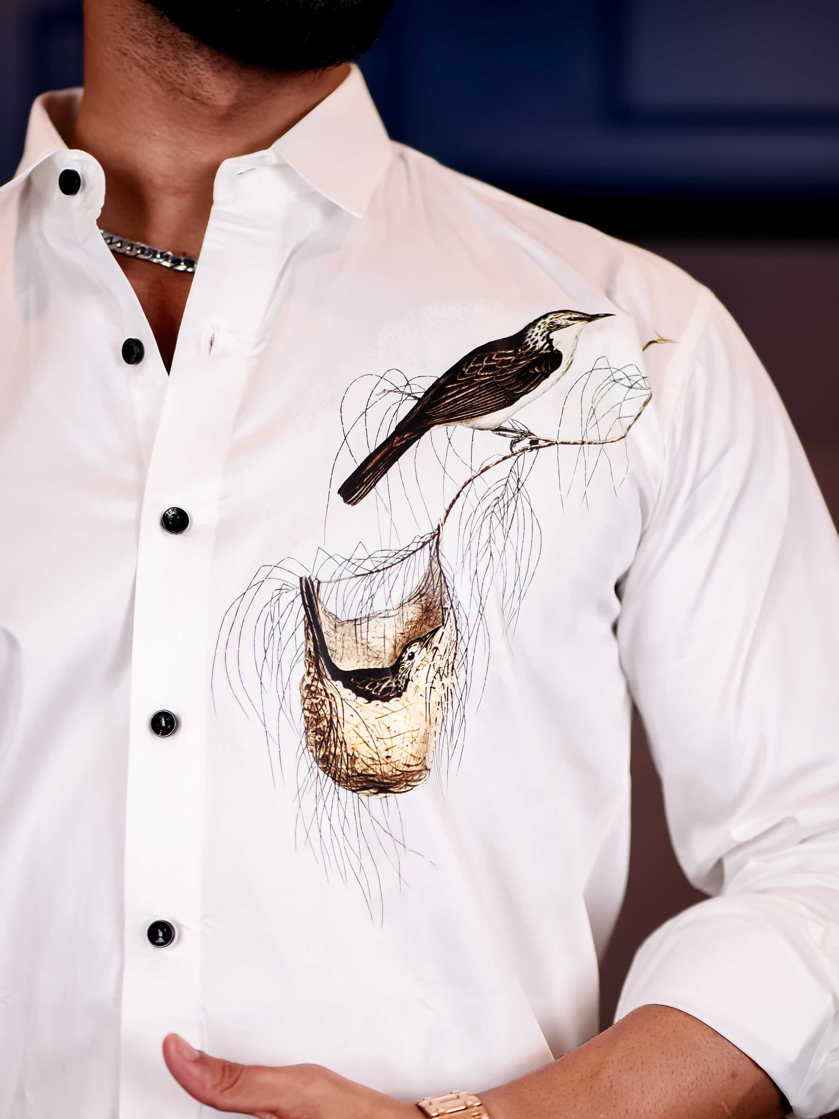 White Club Wear Baya Weaver Printed Satin Cotton Shirt