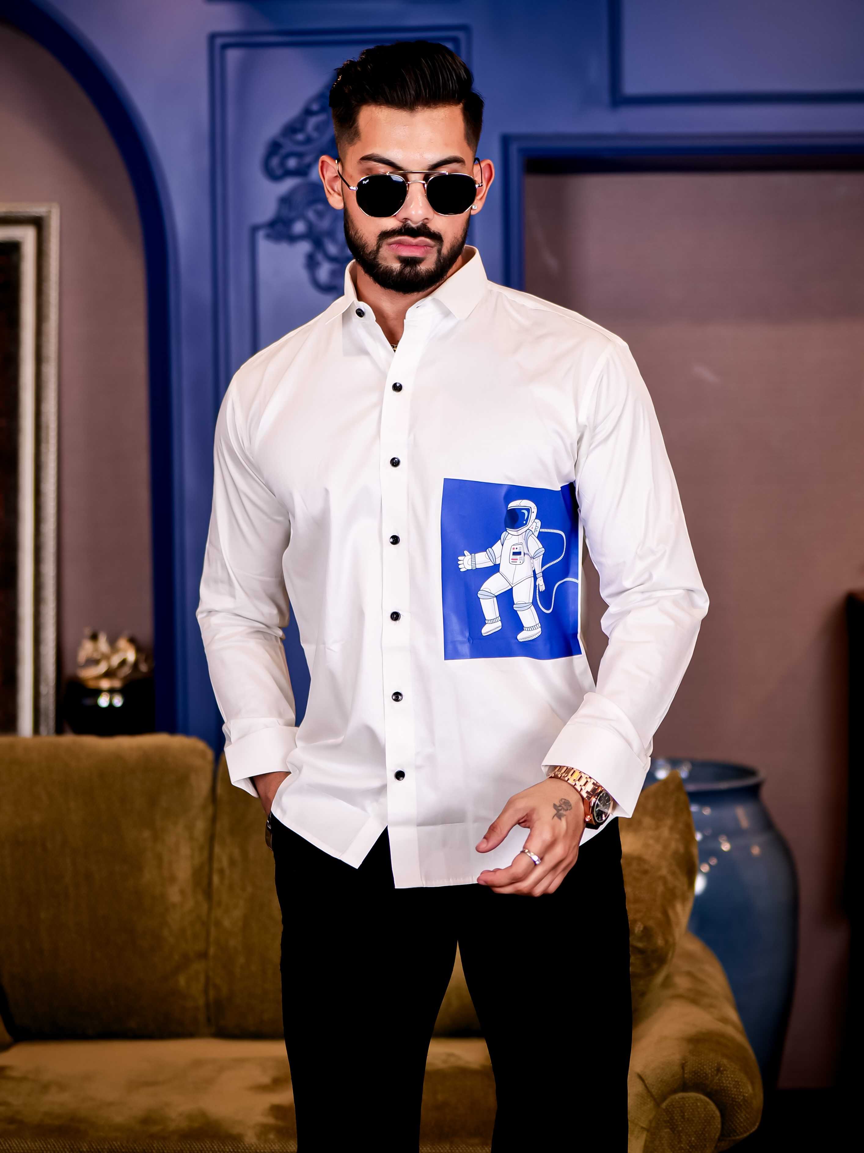 White Club Wear Milky Space Printed Satin Cotton Shirt