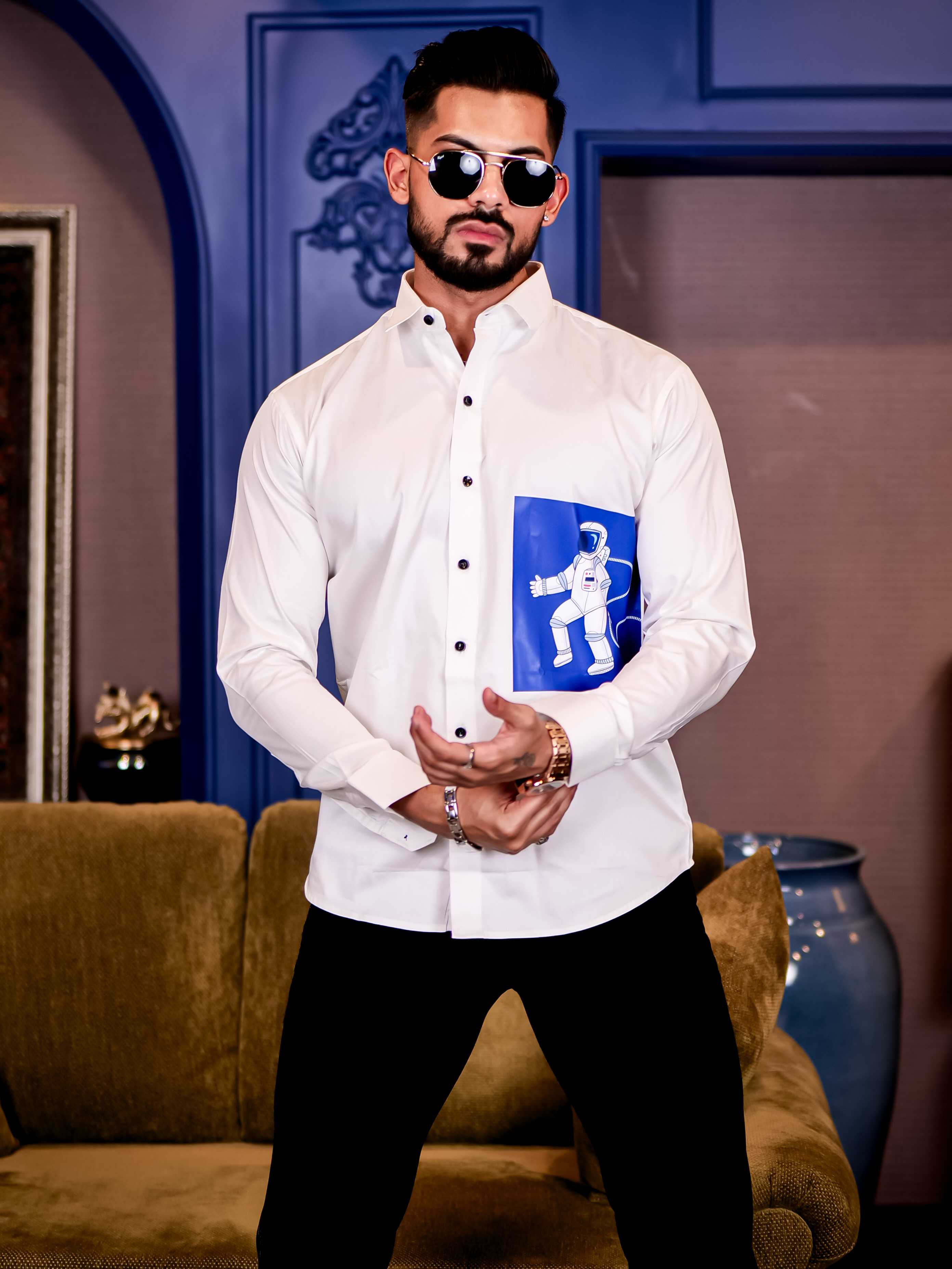 White Club Wear Milky Space Printed Satin Cotton Shirt