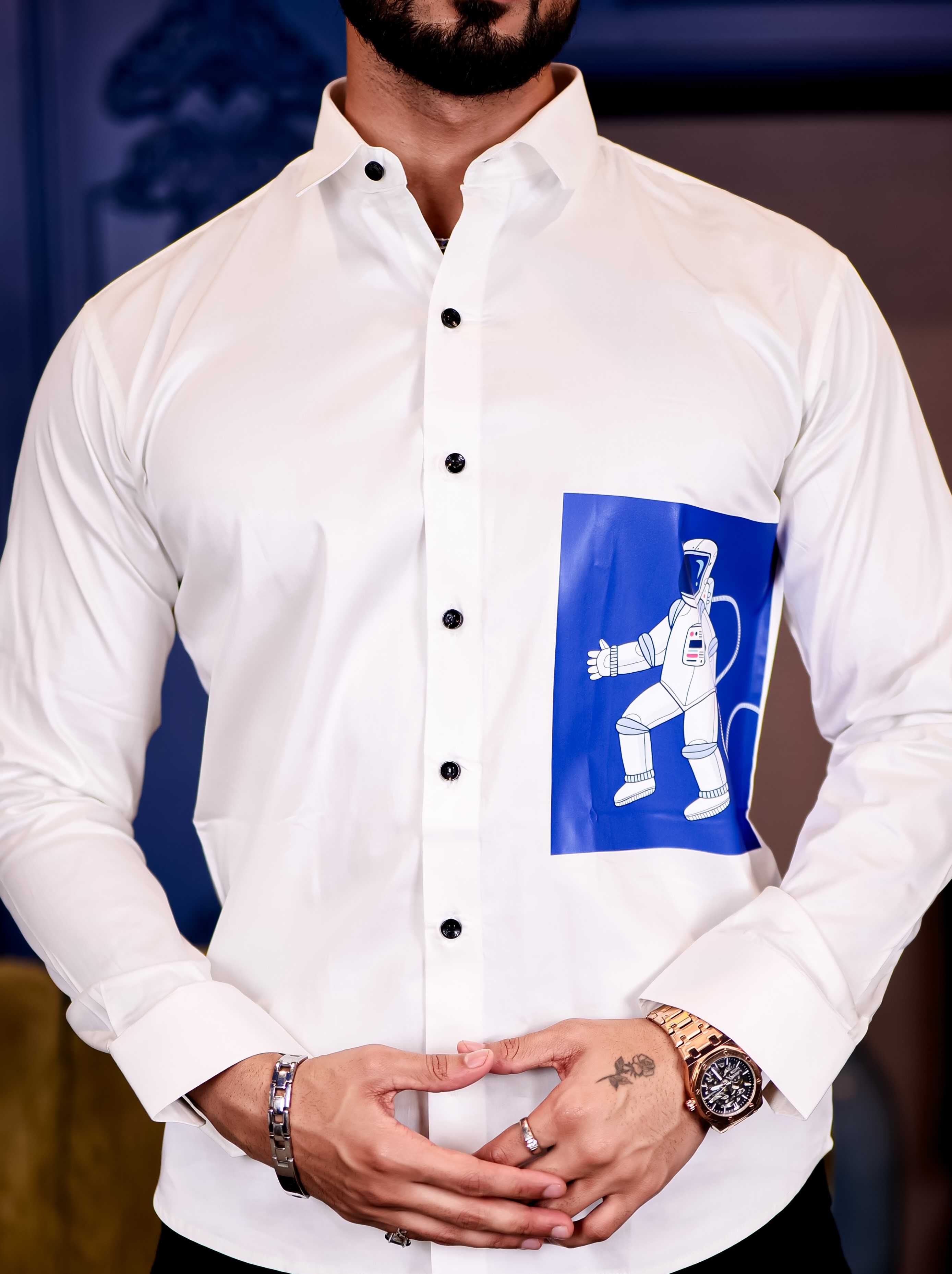 White Club Wear Milky Space Printed Satin Cotton Shirt