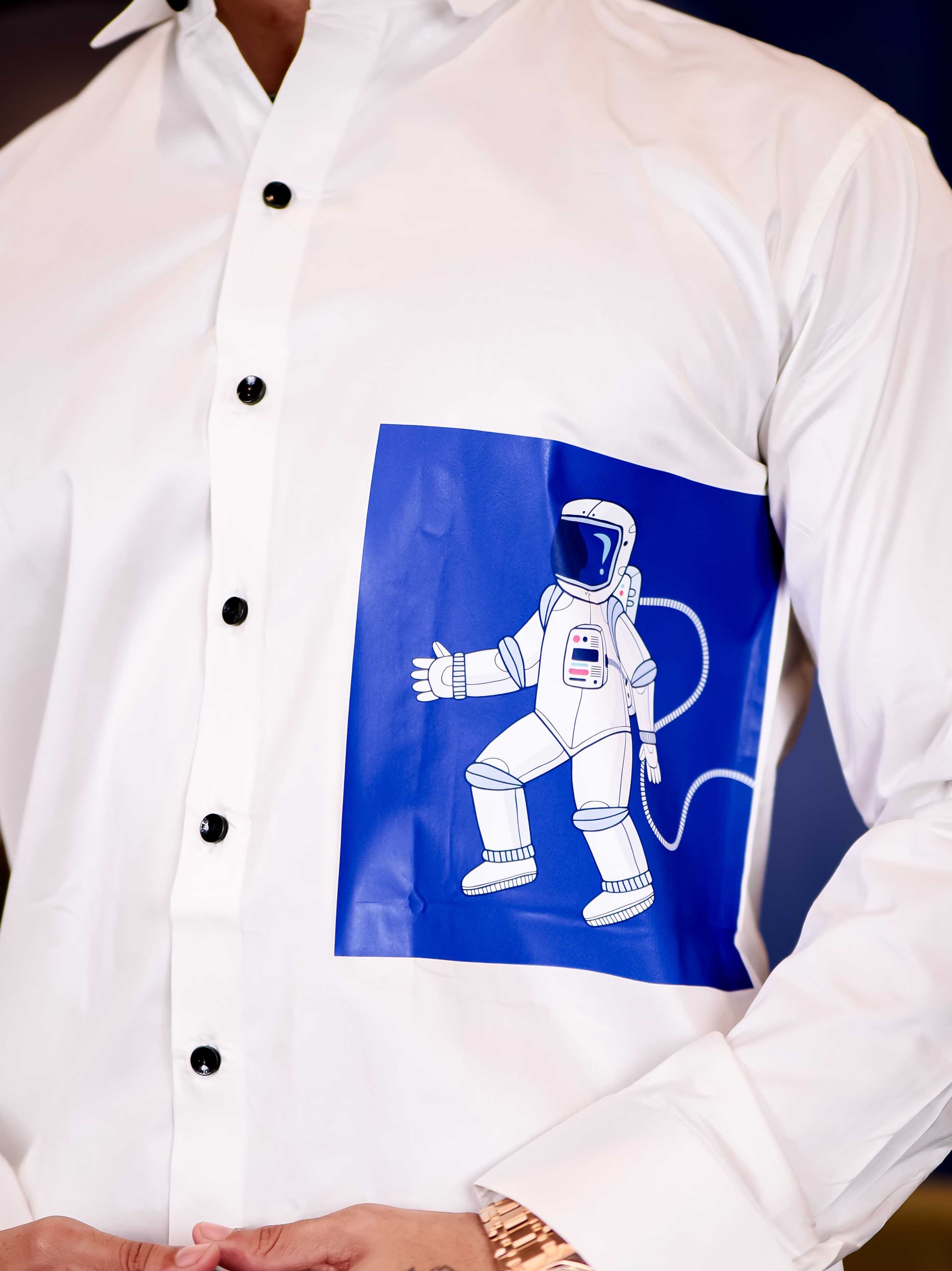 White Club Wear Milky Space Printed Satin Cotton Shirt