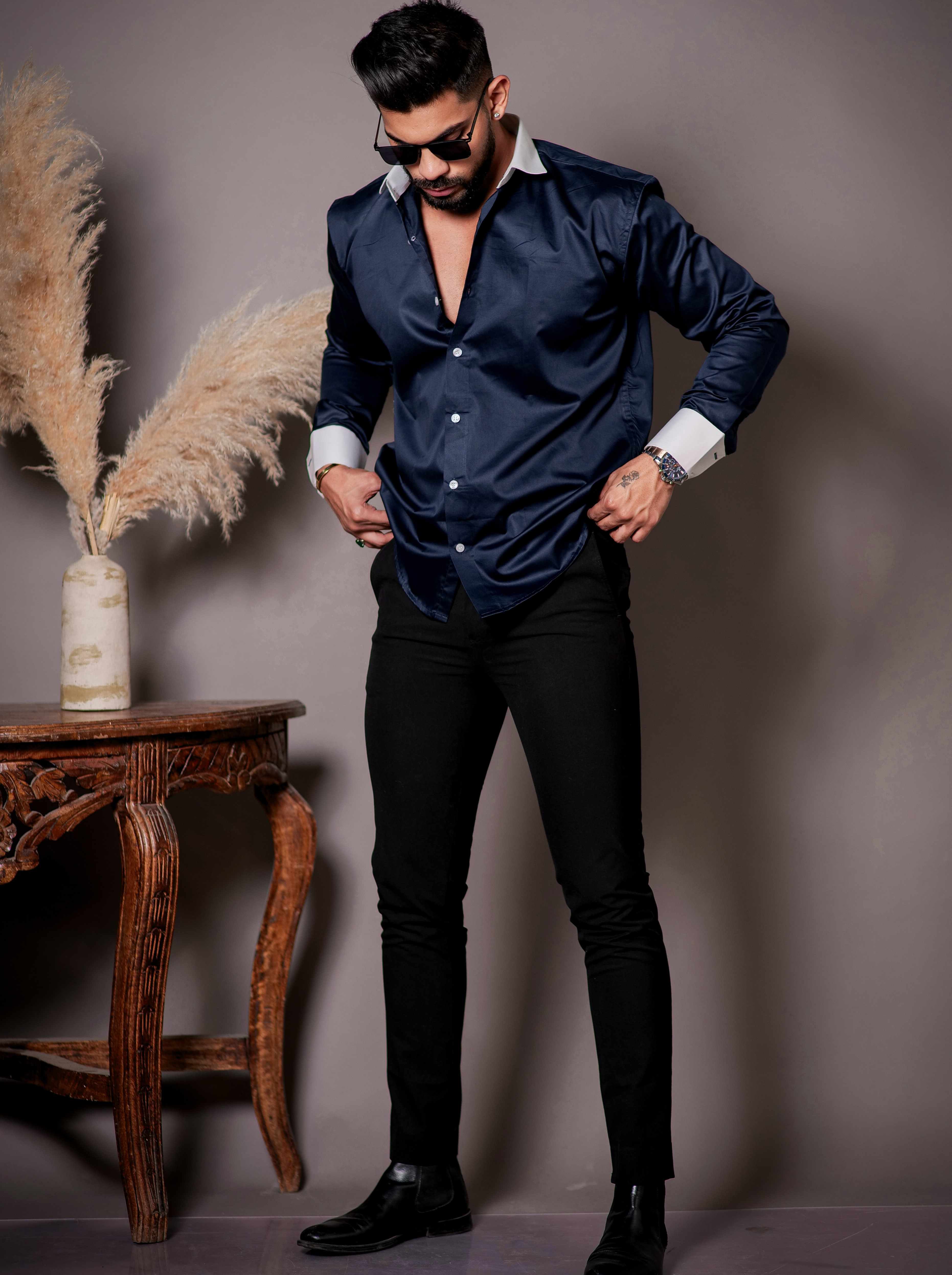 Navy Blue Satin Cotton Premium Shirt