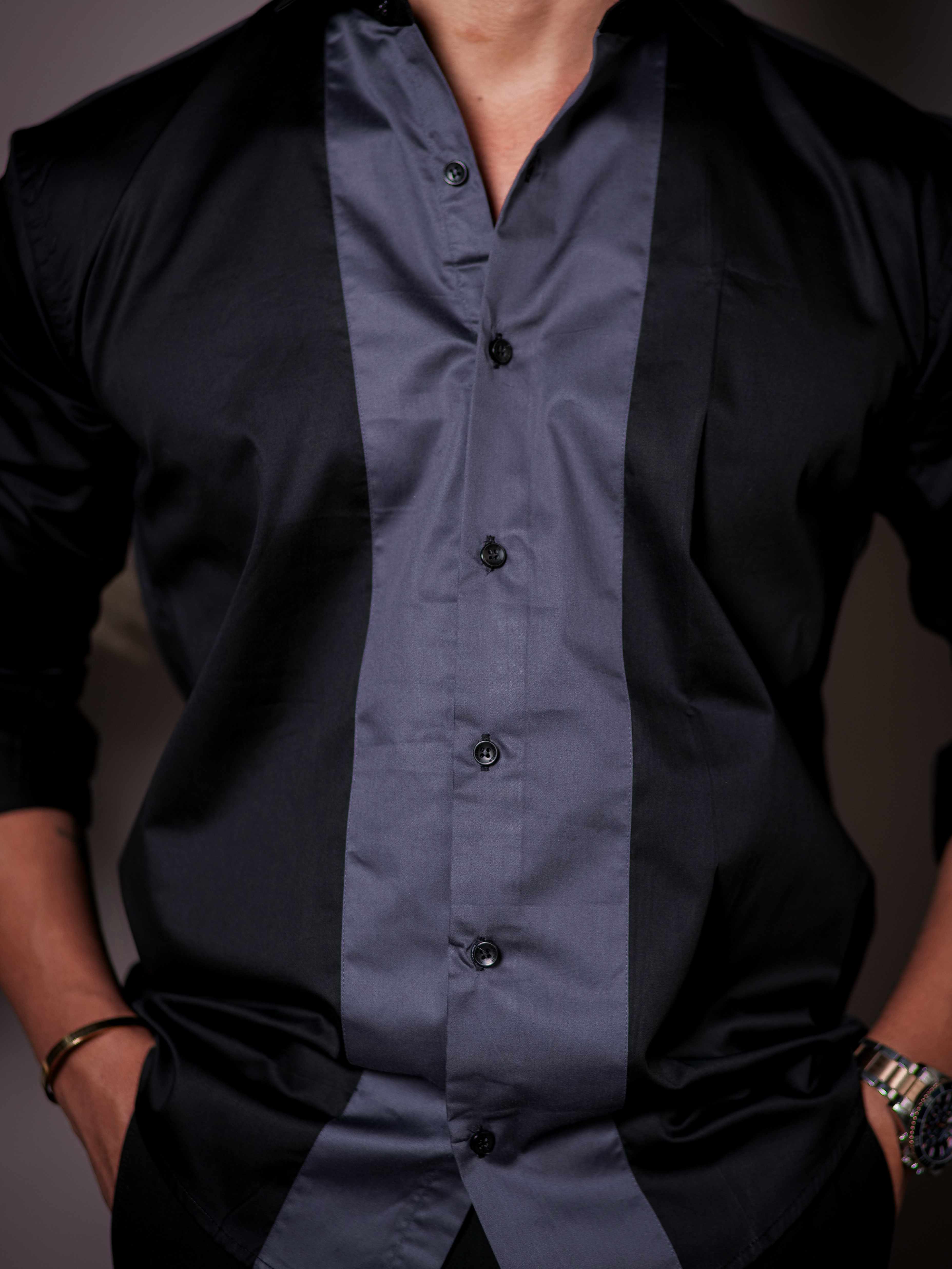 Black And Dark Grey Designer Satin Cotton Shirt