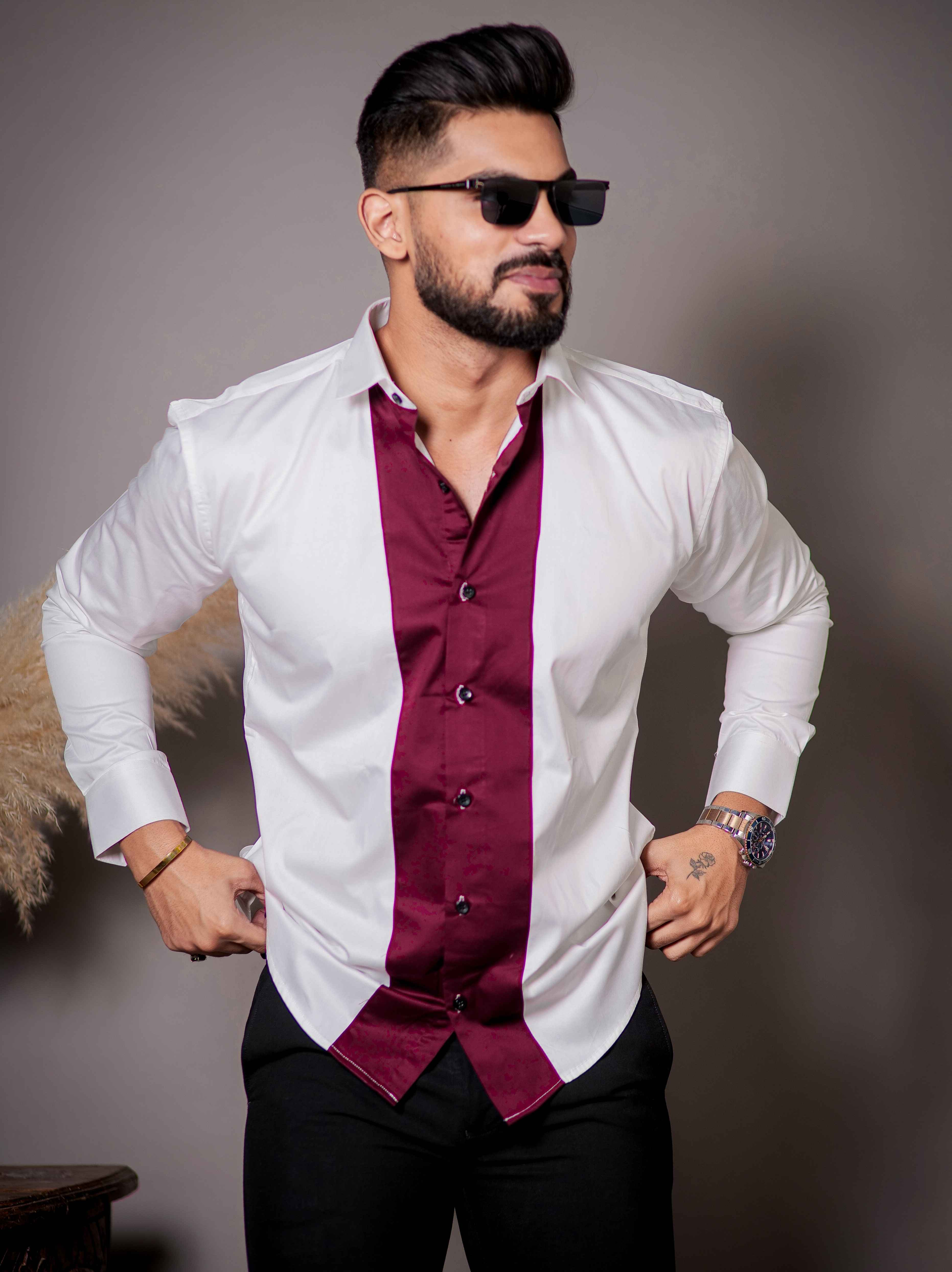 White And Maroon Designer Satin Cotton Shirt