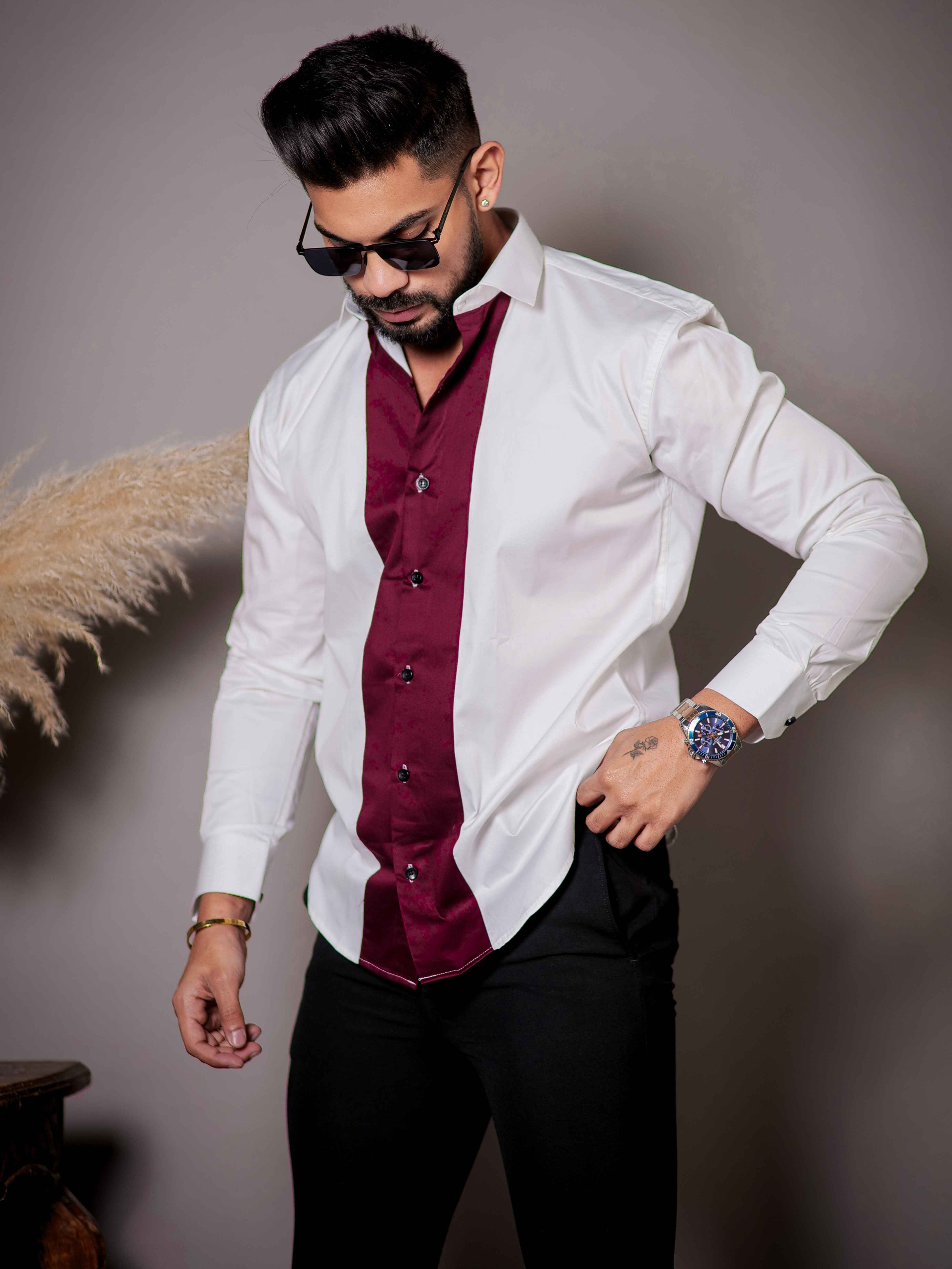 White And Maroon Designer Satin Cotton Shirt