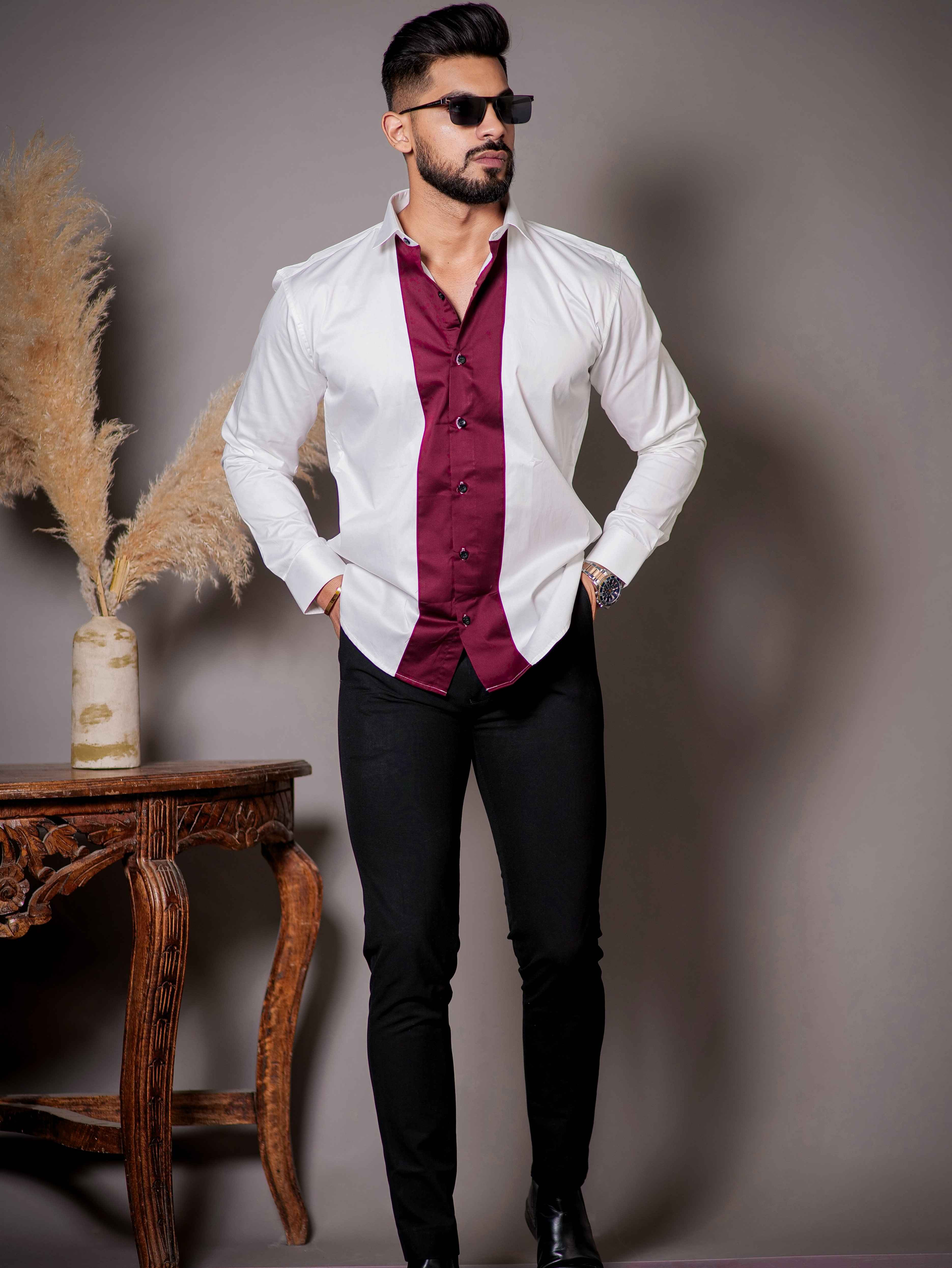 White And Maroon Designer Satin Cotton Shirt The Foomer