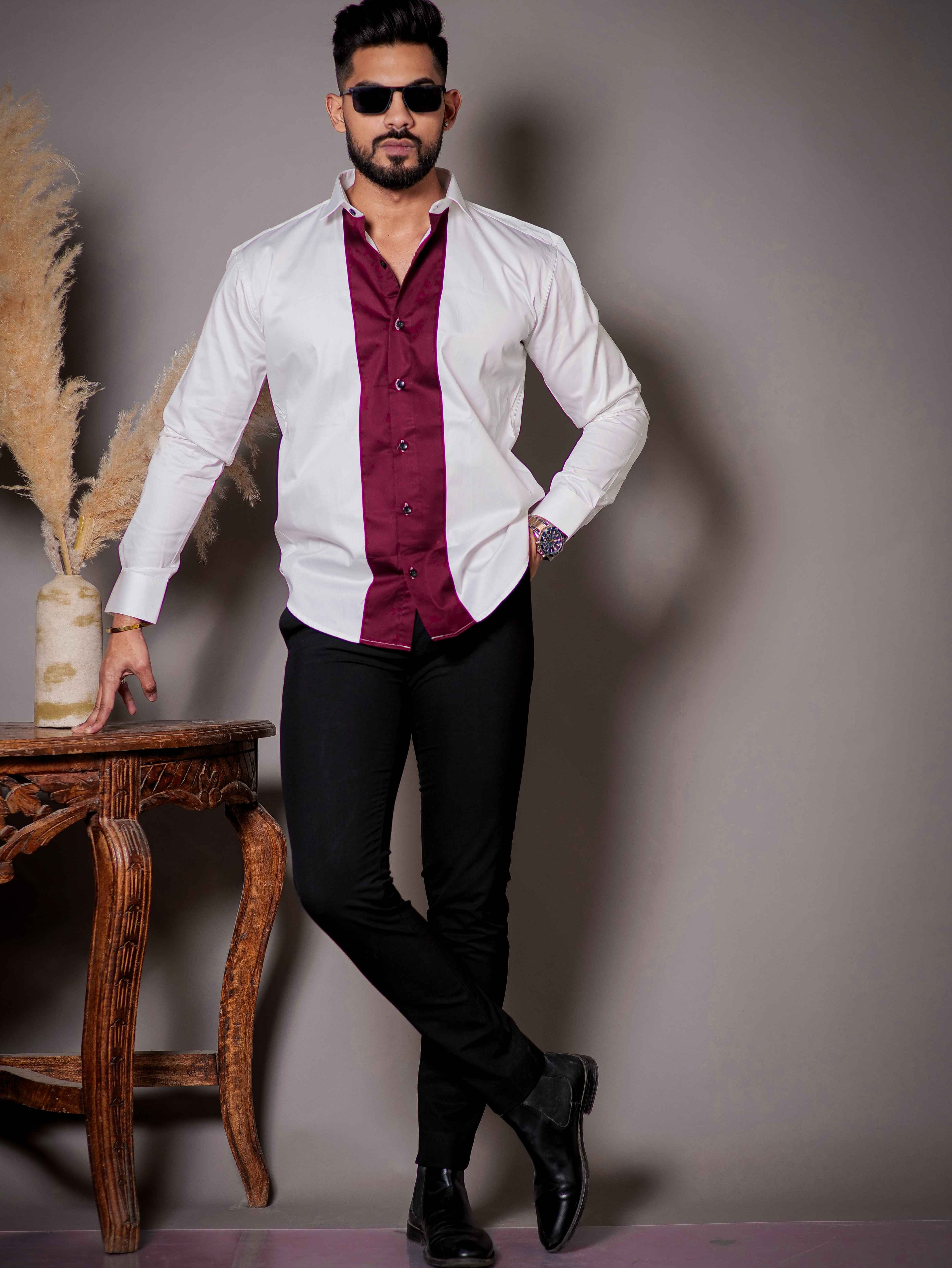 White And Maroon Designer Satin Cotton Shirt