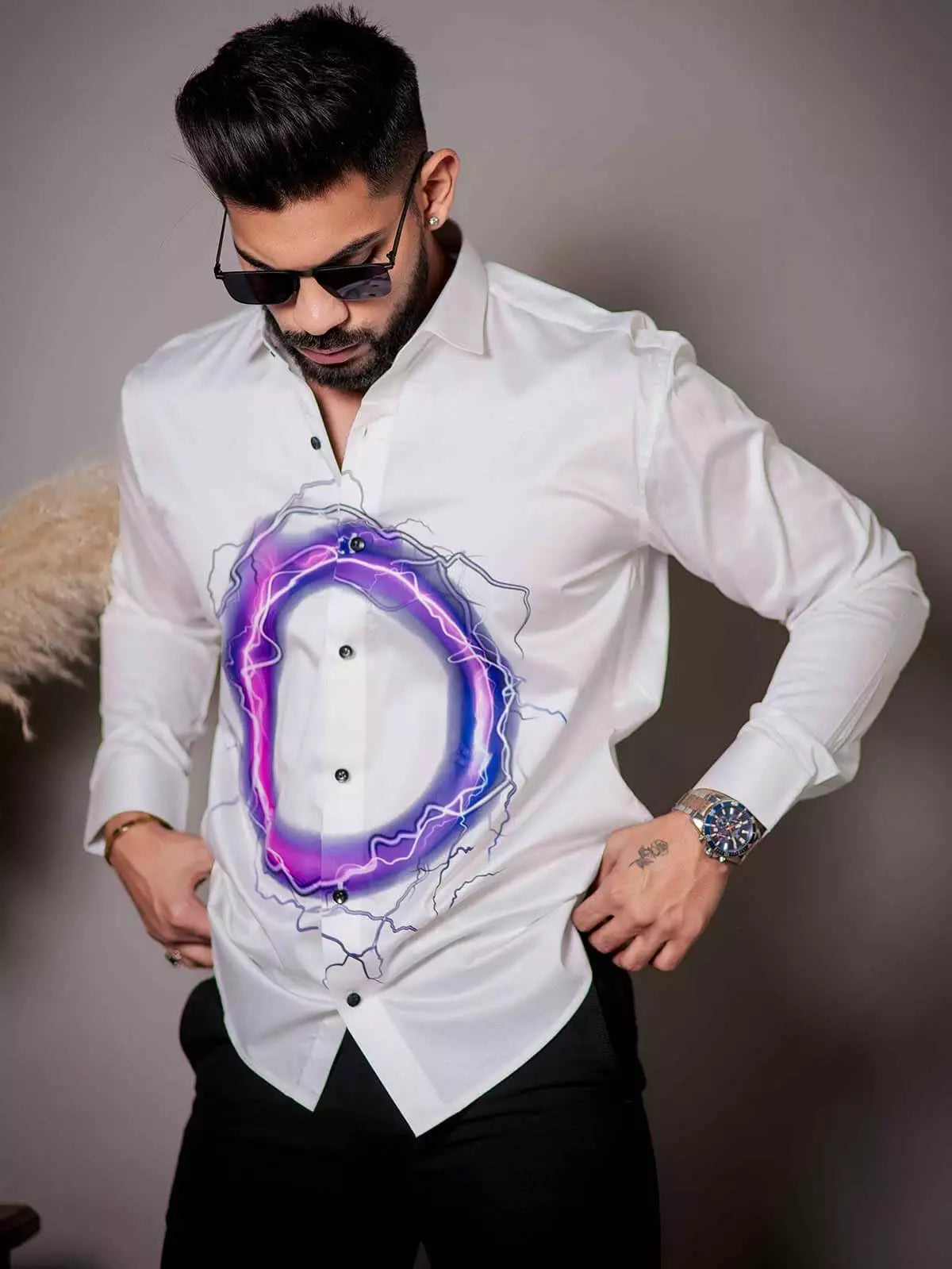 White Club Wear Printed Satin Cotton Shirt
