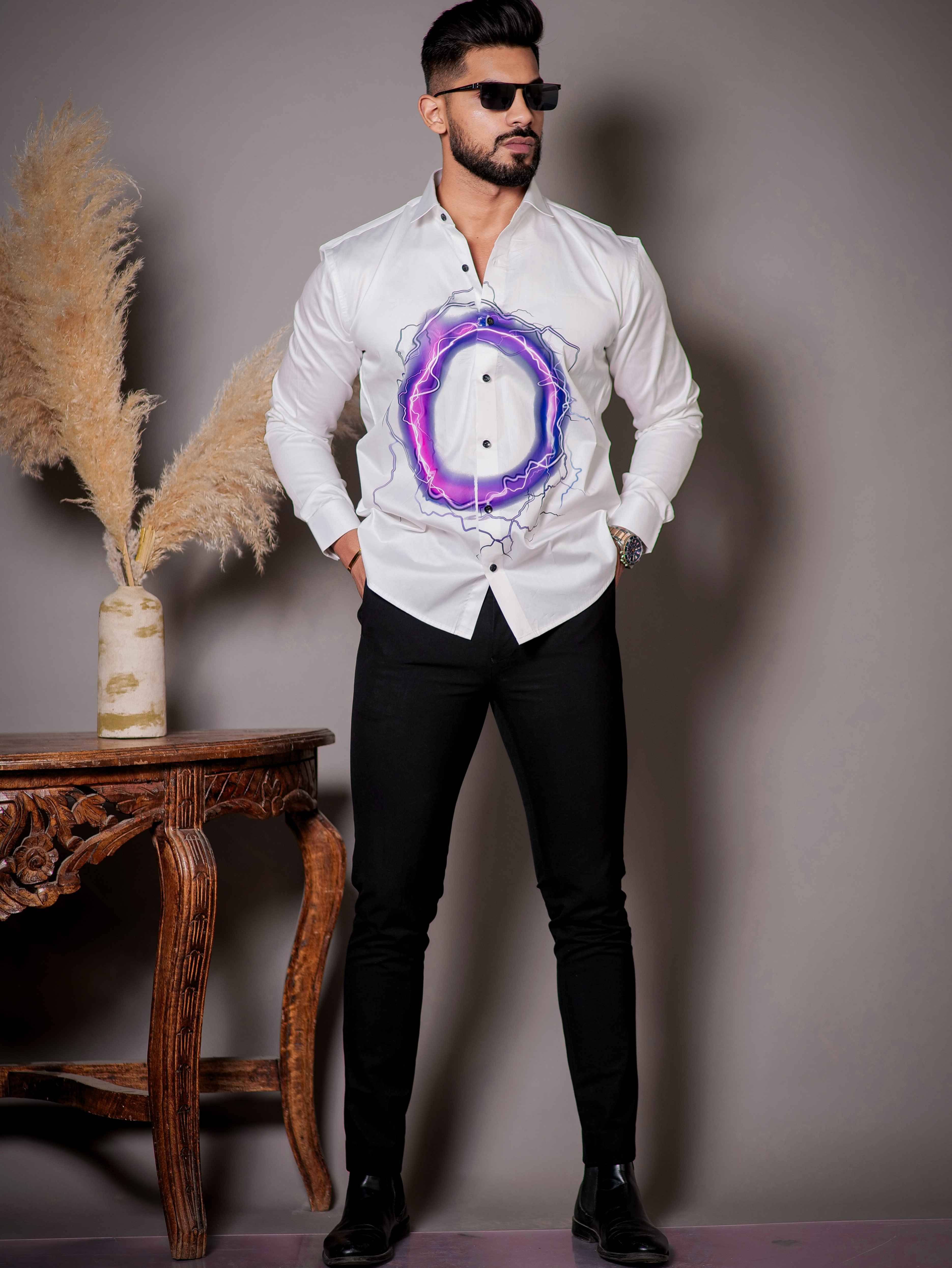 White Club Wear Printed Satin Cotton Shirt