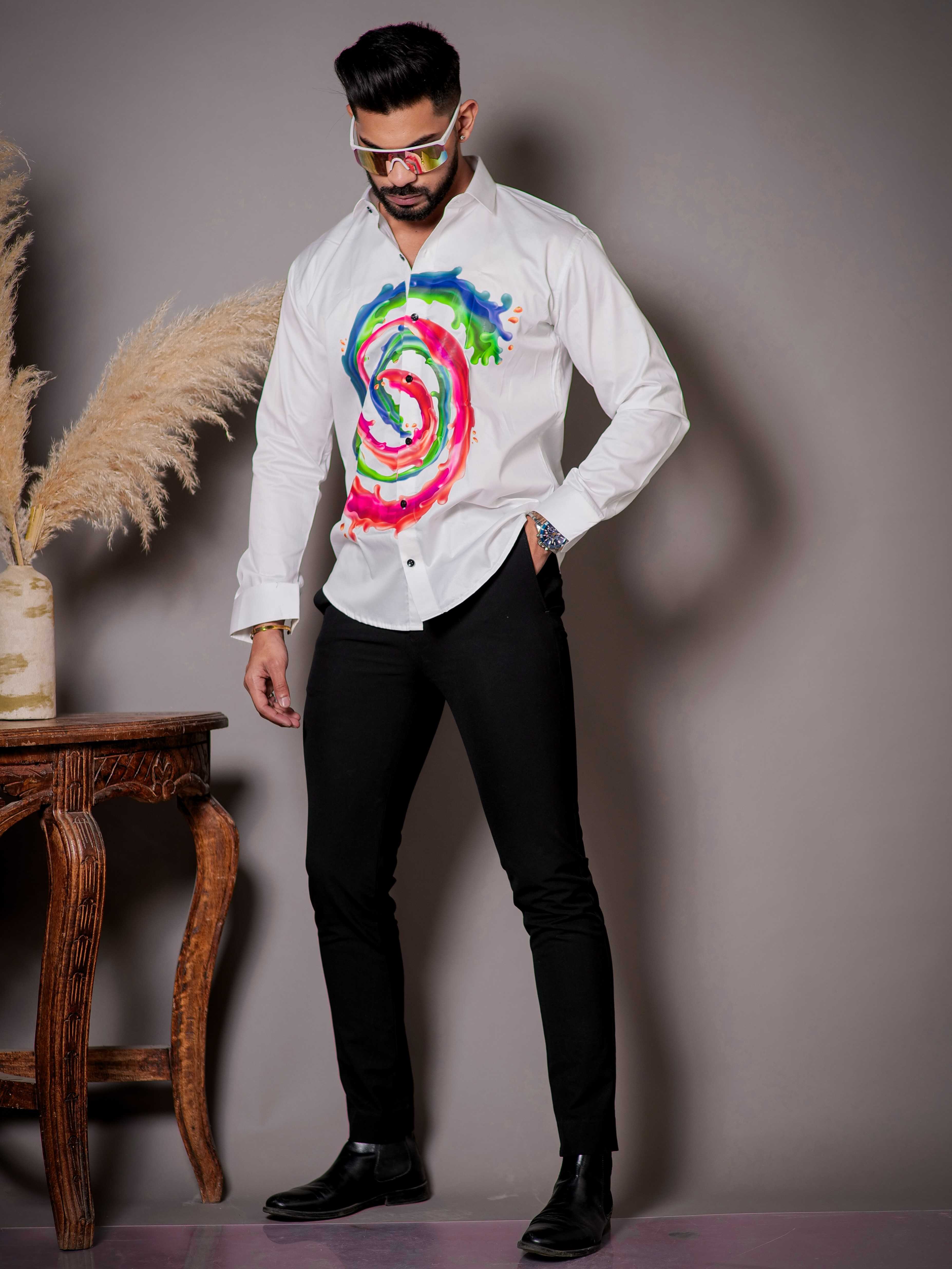 White Club Wear Printed Satin Cotton Shirt