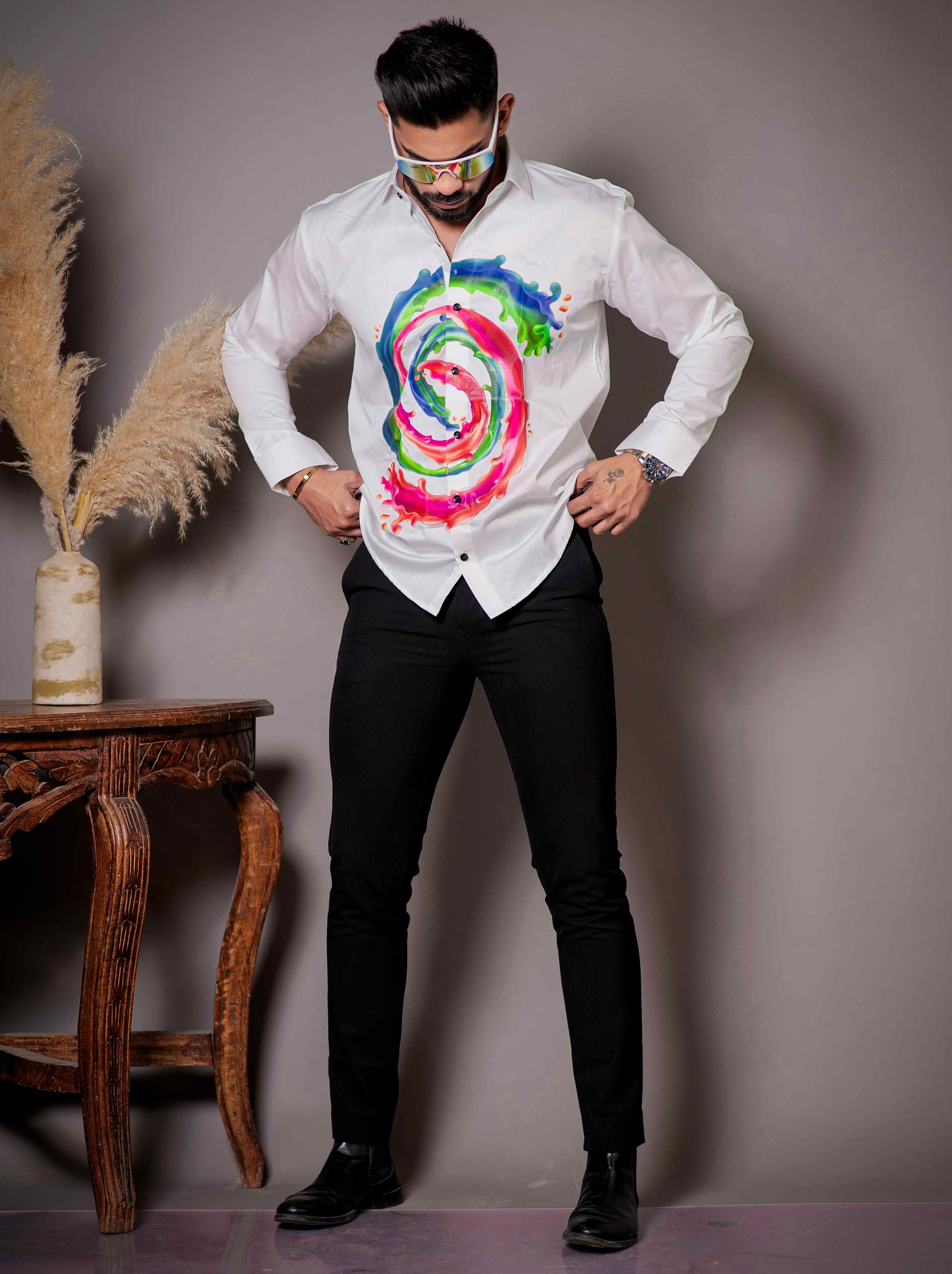 White Club Wear Printed Satin Cotton Shirt