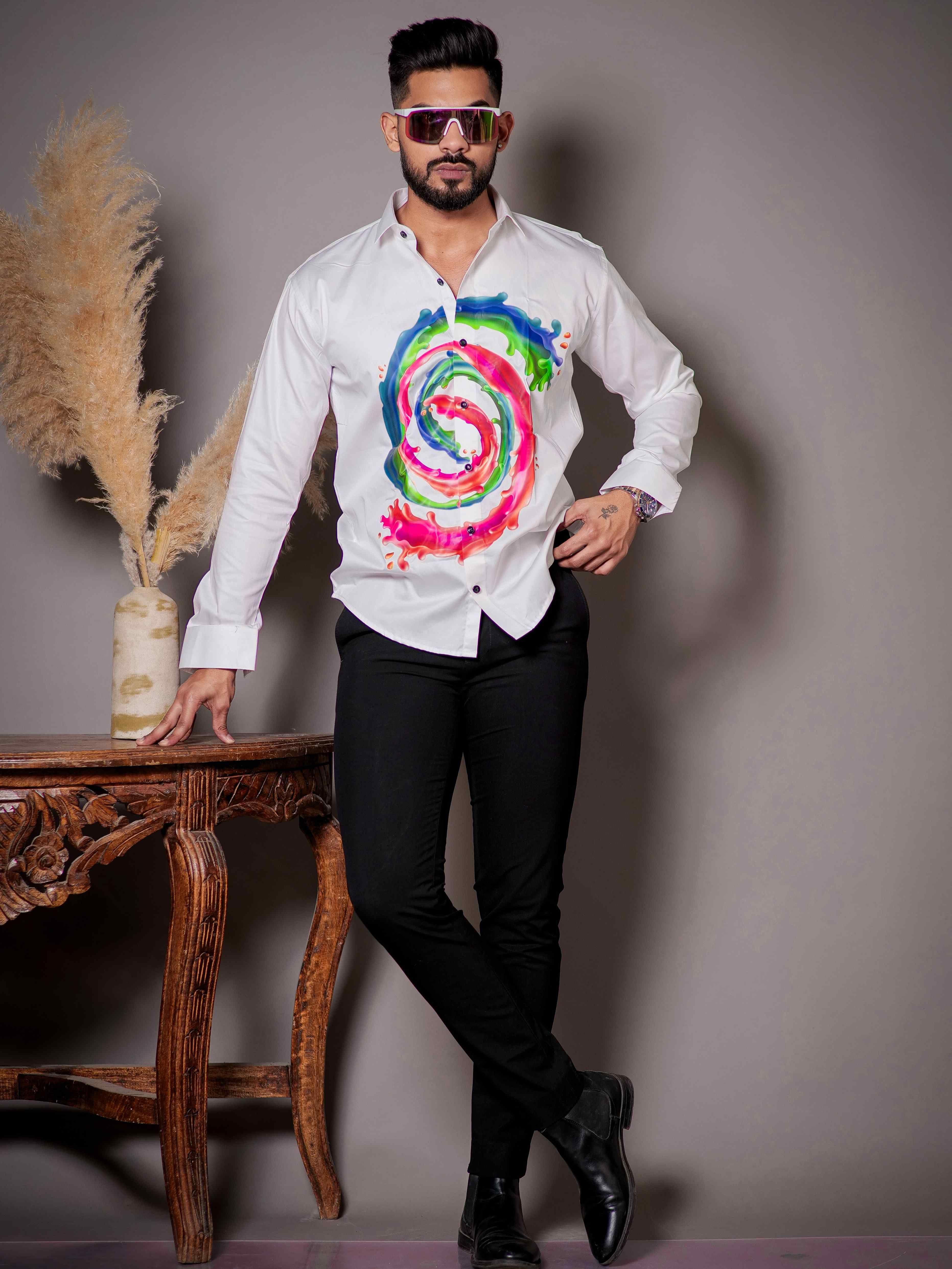 White Club Wear Printed Satin Cotton Shirt